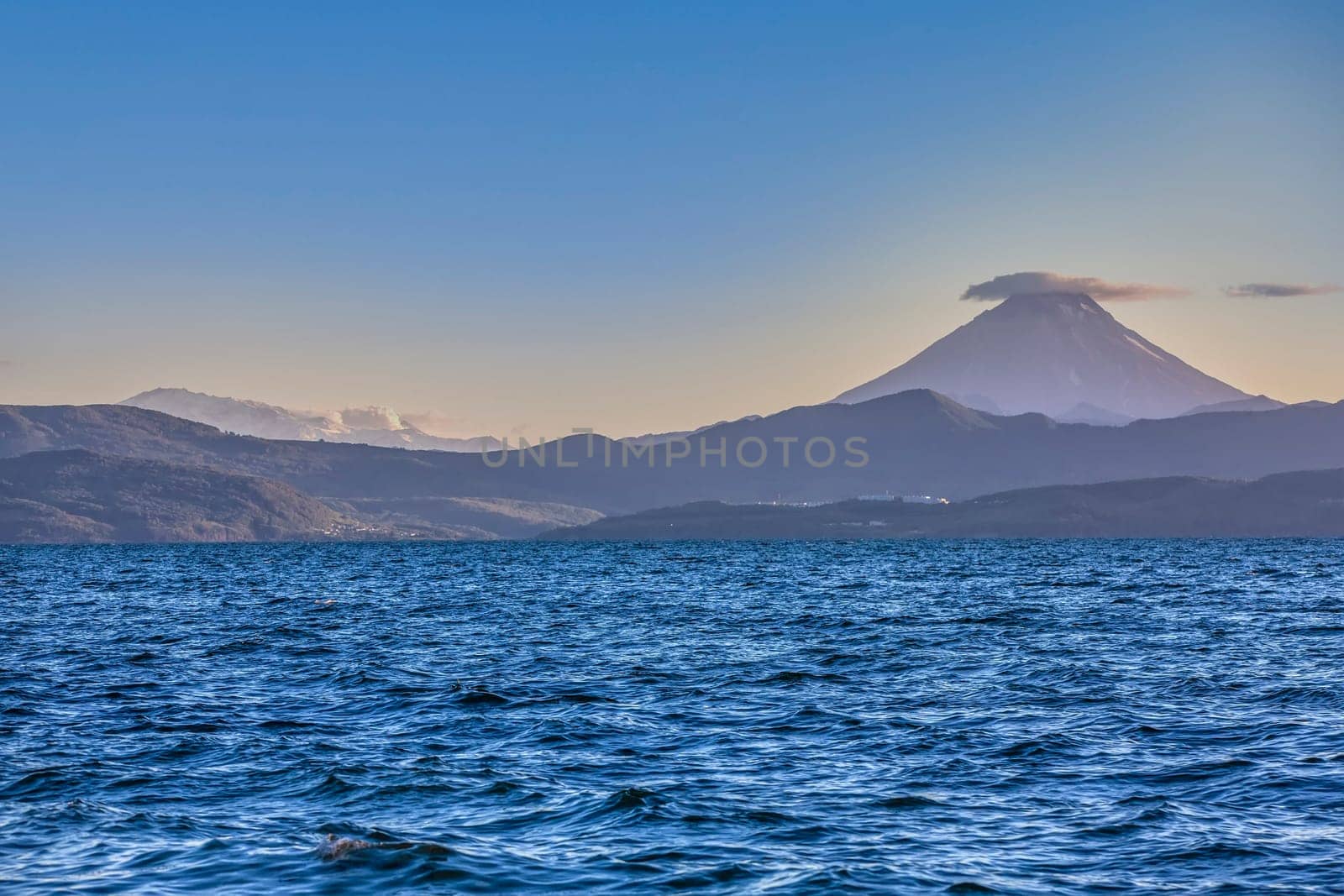 The Vilyuchinsky and Mutnovsky volcano. View from Avacha Bay, Kamchatka Peninsula