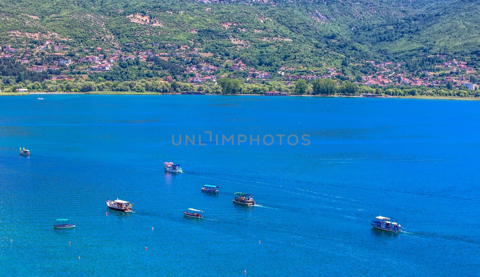 The View of Ohrid Lake with pleasure boats