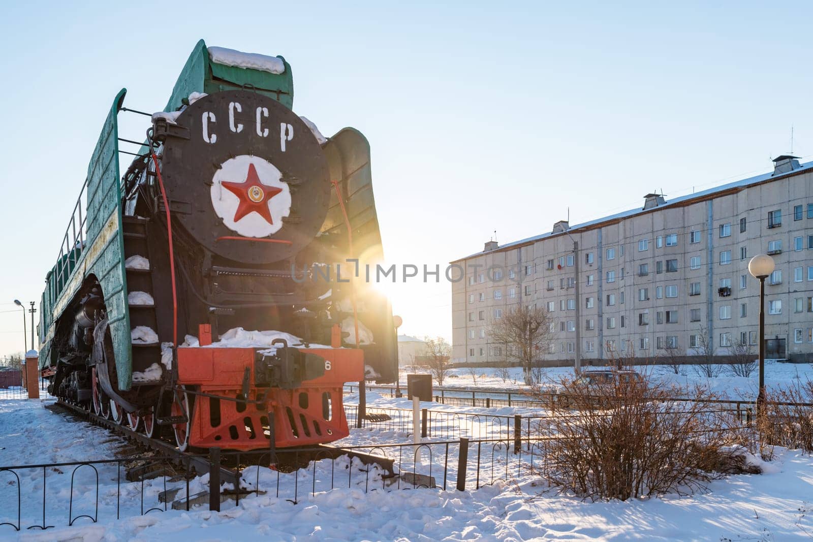 March 03, 2020 Severobaïkalsk, siberia, Russia : The historic train named BAM exposed in the Severobaïkalsk city by winter, Baikal-Amur Mainline in Eastern Siberia, Transbaikalia
