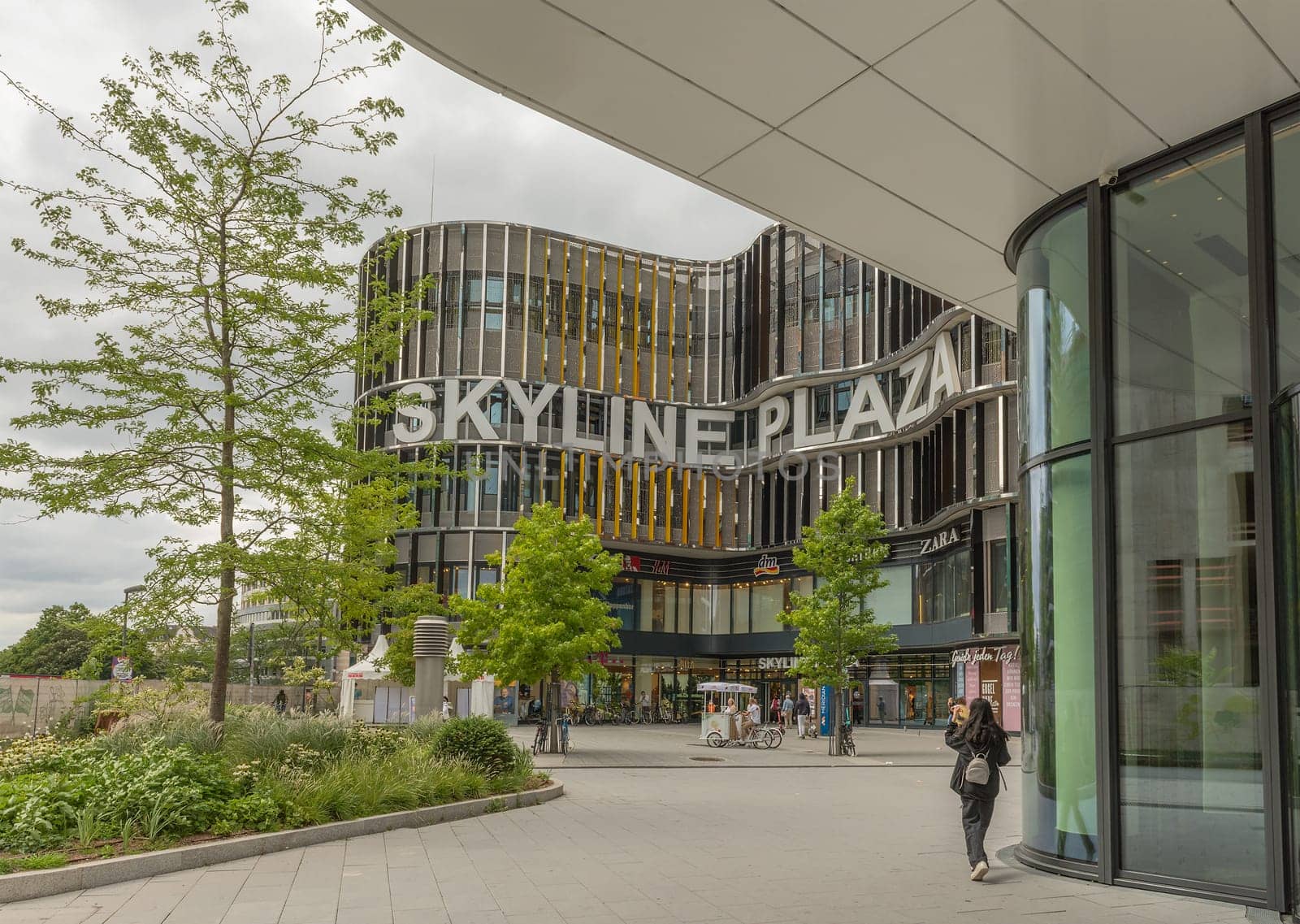 the facade with lettering of the Skyline Plaza in the Europaviertel, Frankfurt, Germany