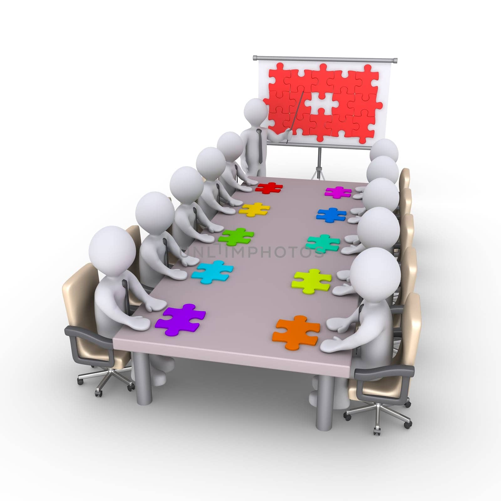 Businessmen sitting across a table with puzzle pieces on it in order to complete the puzzle
