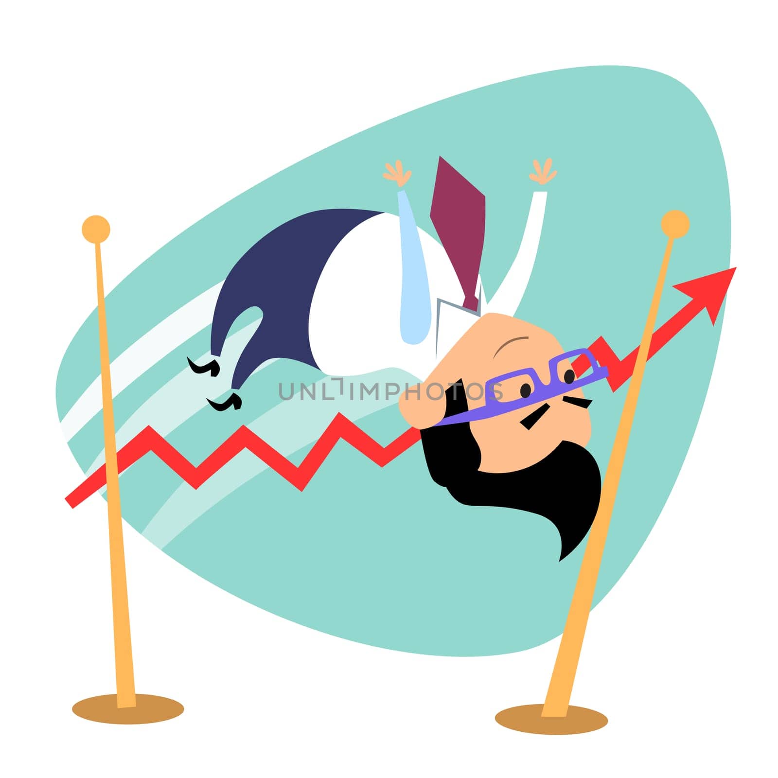 Businessman jumps the bar graph of sales. The image of business as a sport. Businessman in sports situations