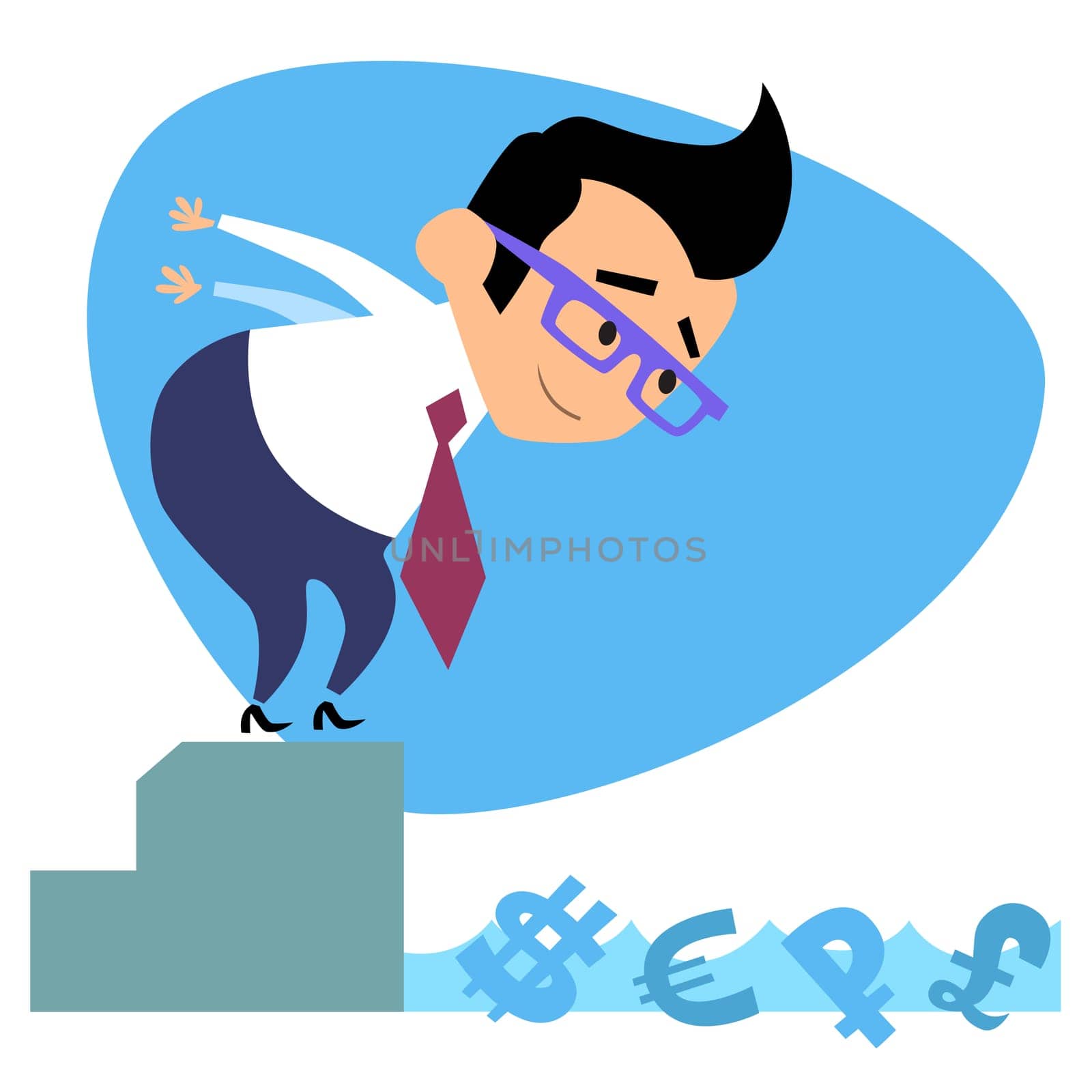 Businessman swimmer jumps into the pool with the money. The image of business as a sport. Businessman in sports situations
