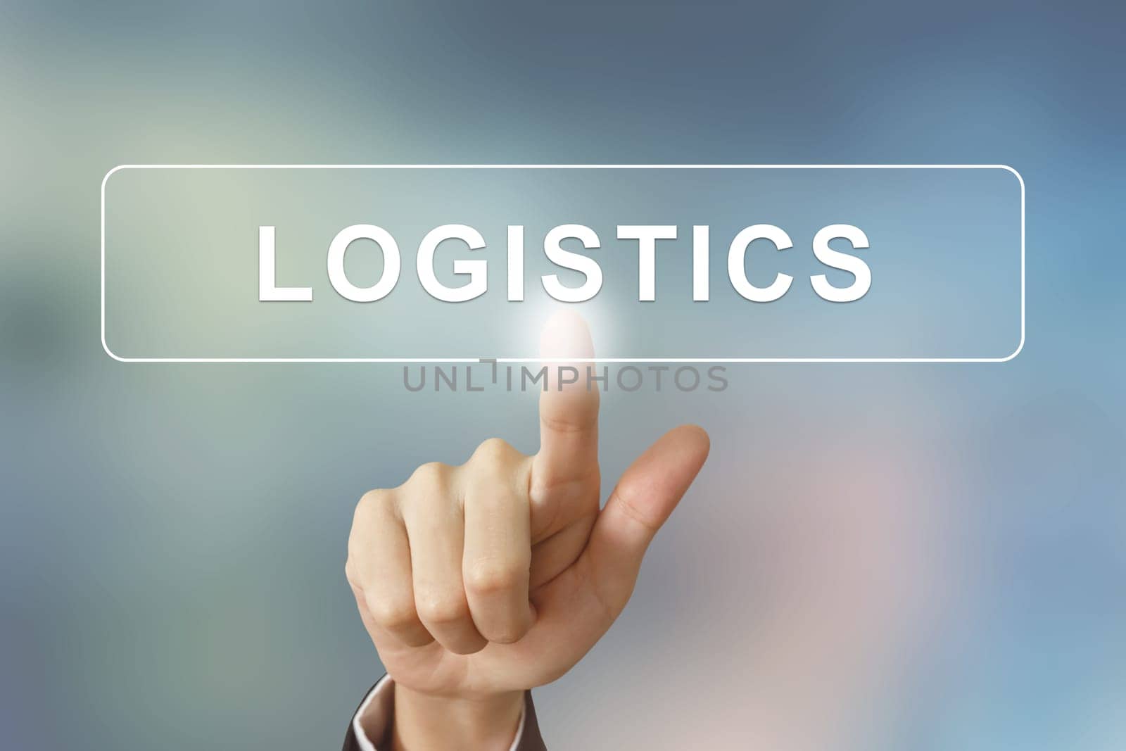 business hand pushing logistics button on blurred background