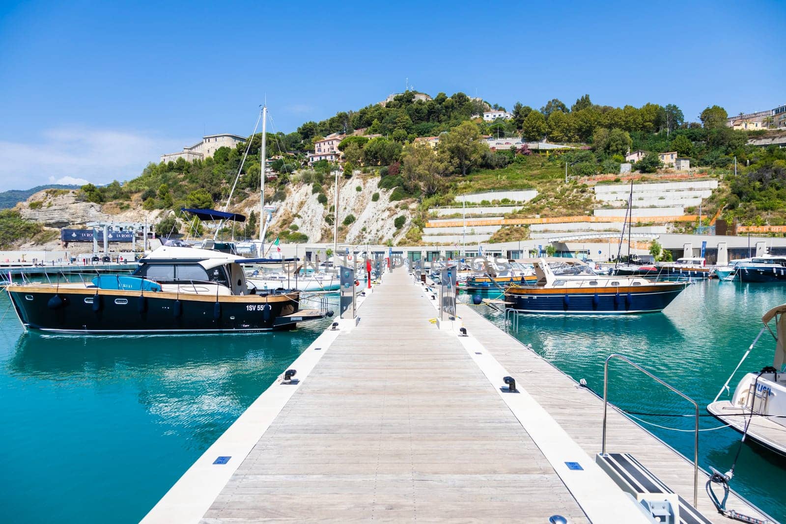 Ventimiglia, Italy - Circa August 2021: Cala del Forte is an exquisite, brand new, state-of-the-art marina located in Ventimiglia, Italy, only 15 minutes from the Principality of Monaco