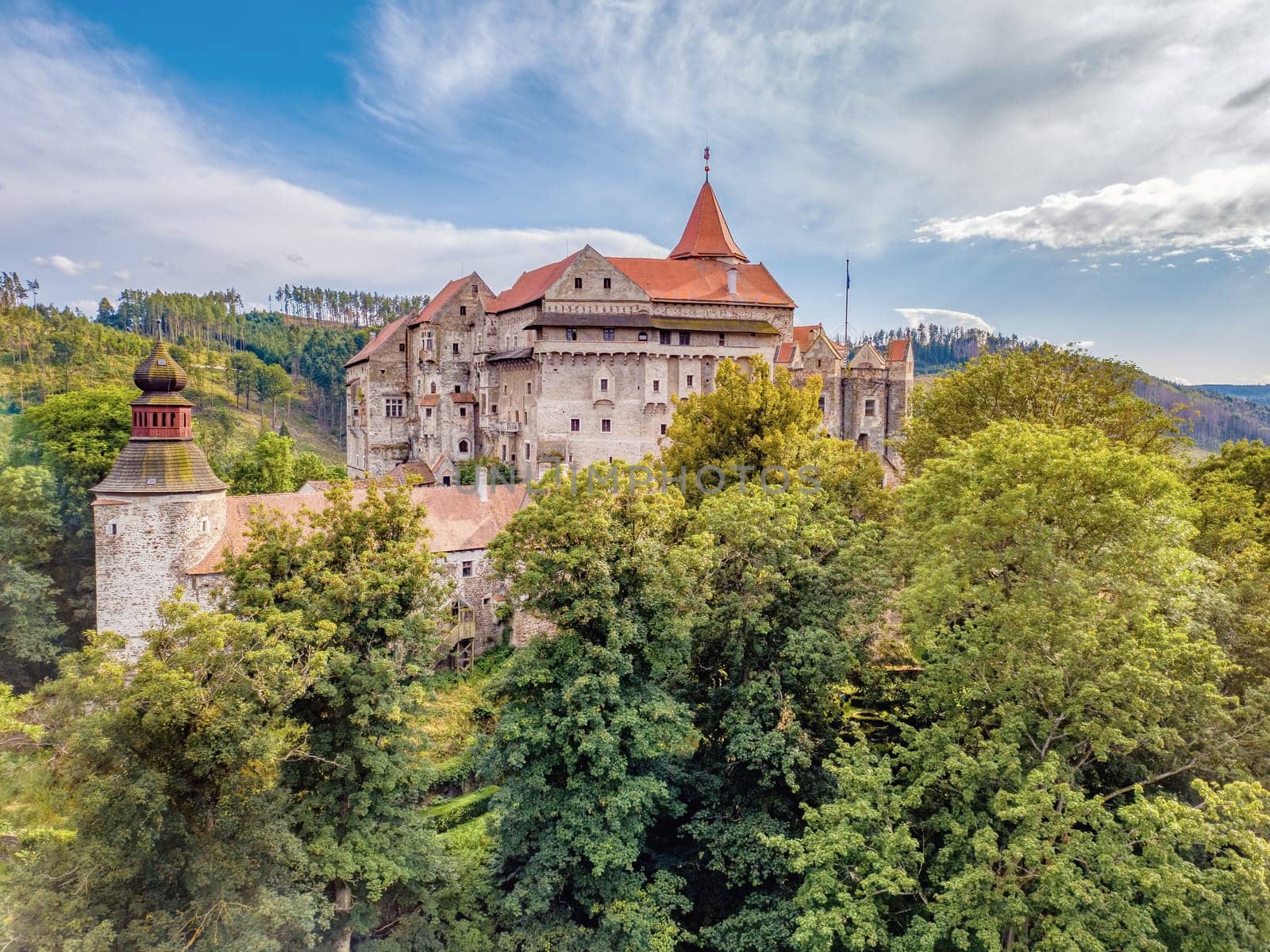 beautiful scenic aerial view of historical medieval Pernstejn castle, Czech Republic
