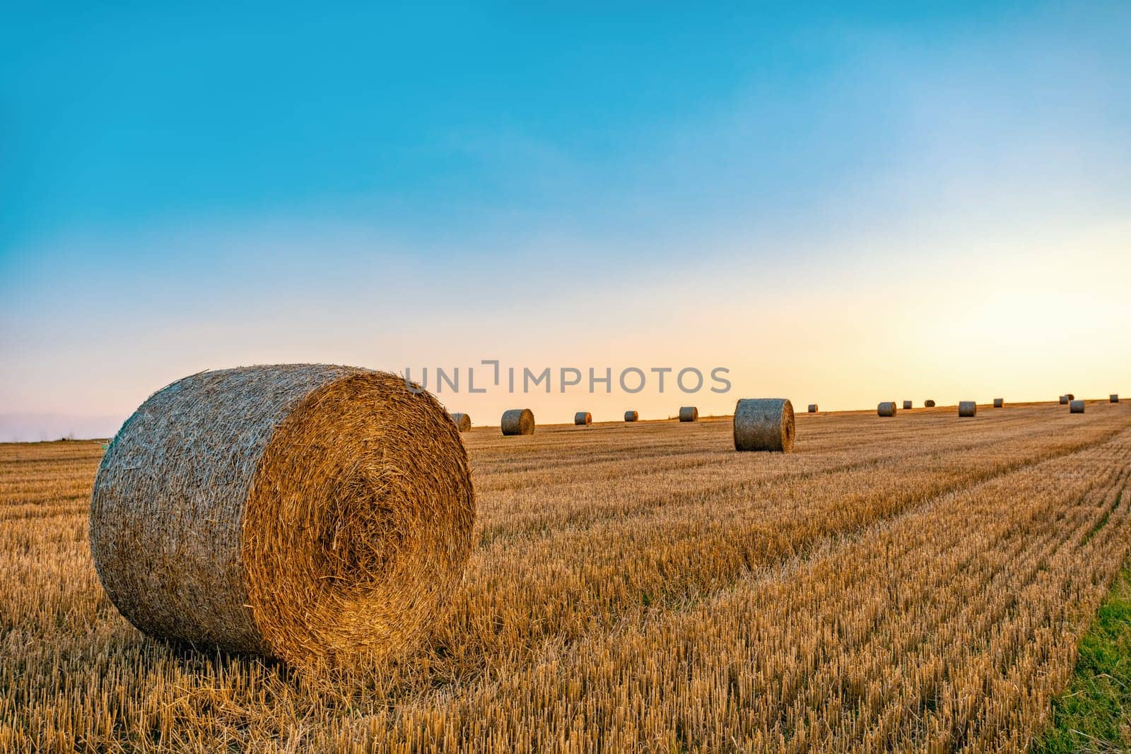 sunset over Straw bales stacked in a field at summer time, Vysocina Czech Republic