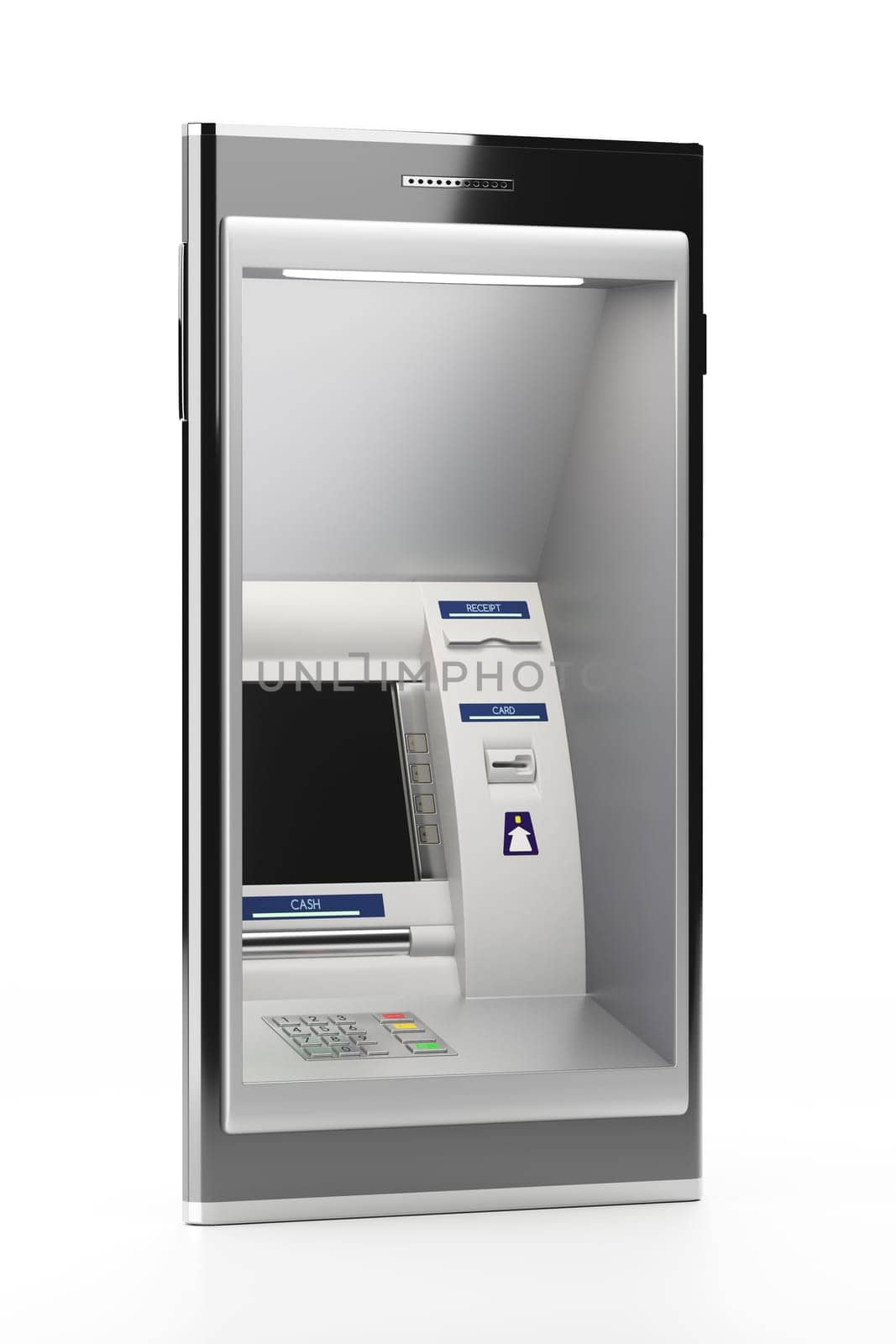 Mobile phone with atm machine. Display screen, buttons, cash dispenser, receipt. Online financial transactions, mobile banking. pin code safety, electronic cash withdrawal concept. 3D illustration