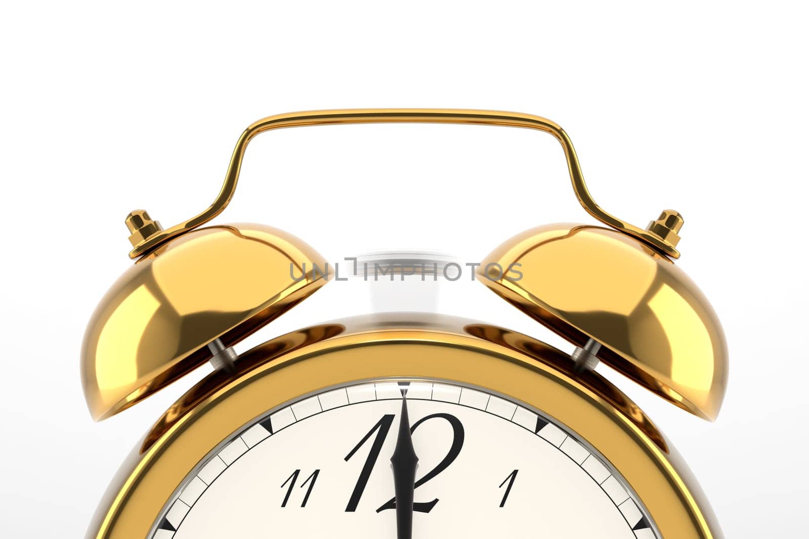 Ringing alarm clock. Golden table shelf vintage clock on white background. 3D illustration