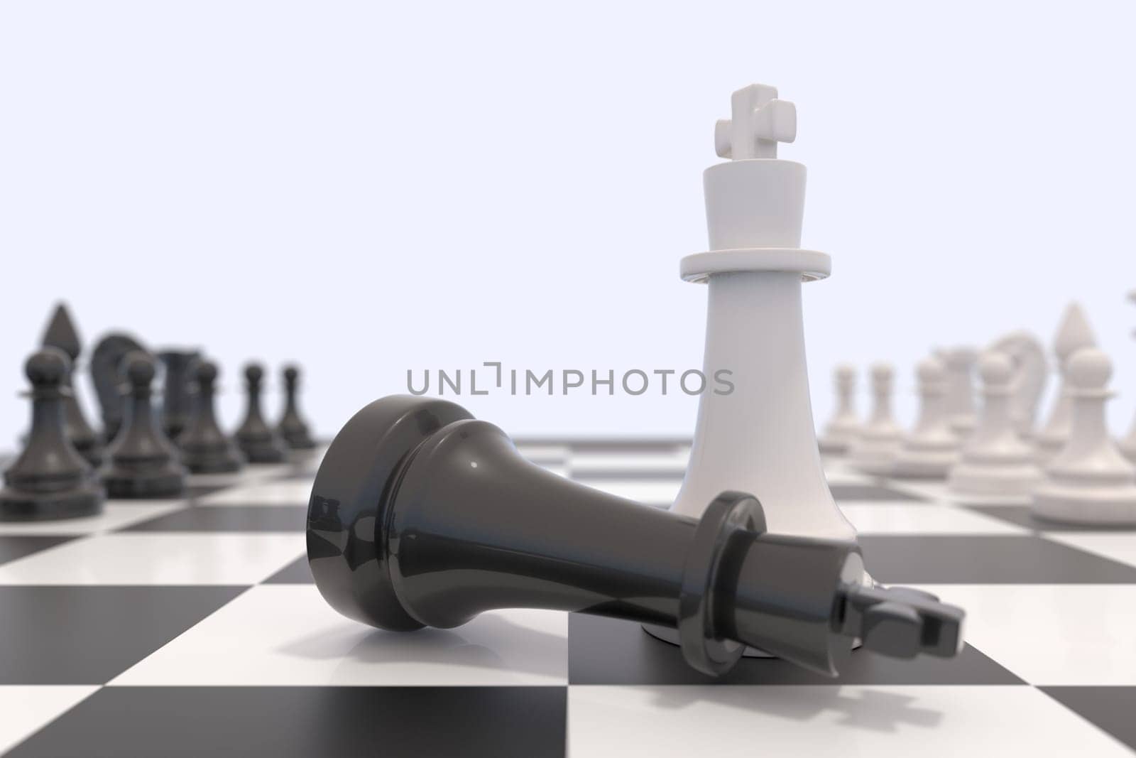 Two chess pieces on a chessboard. Black king laying down and white king standing up. Victory, competition, discussion, agreement and confrontation concept. 3D illustration.