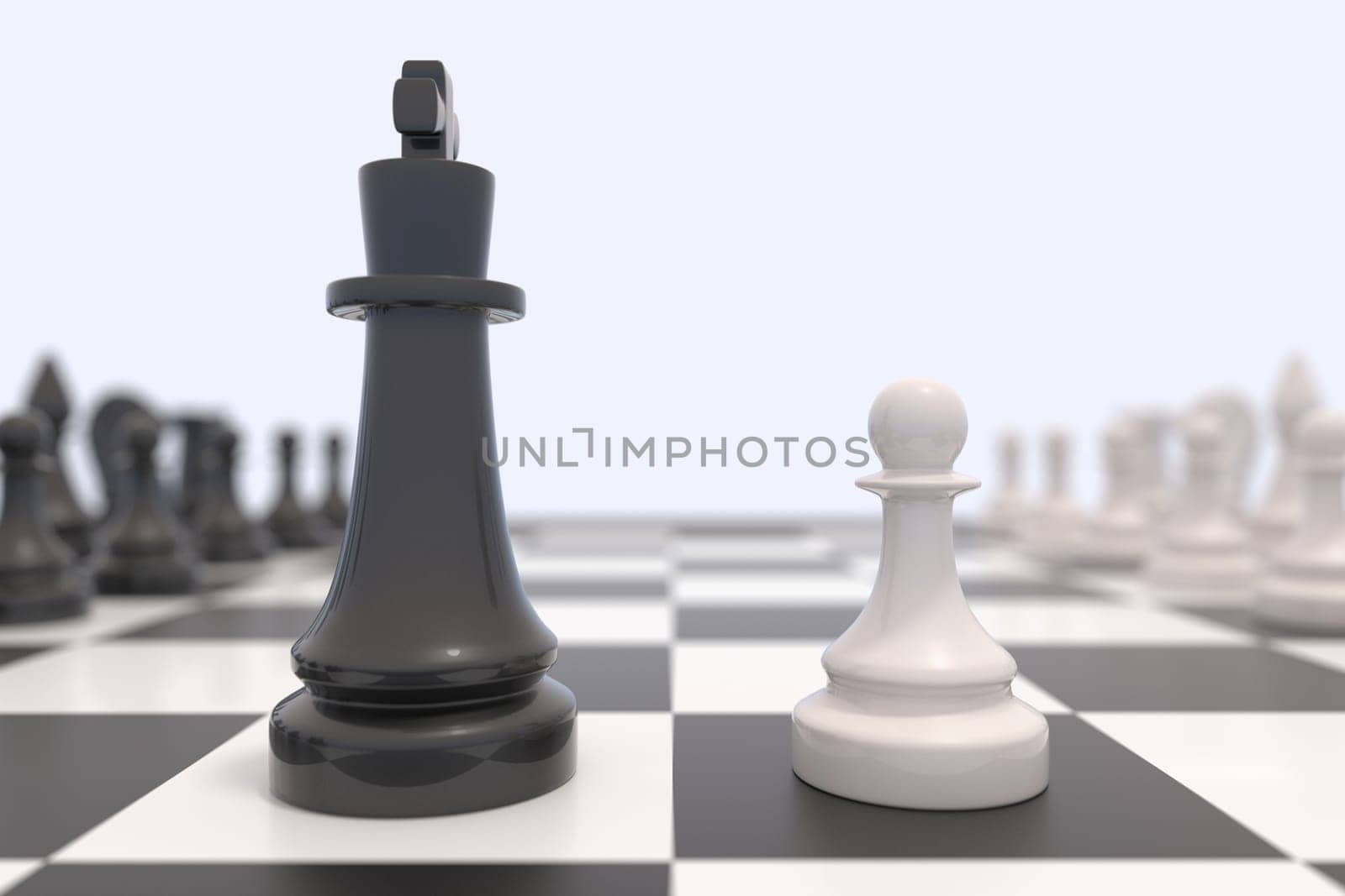 Two chess pieces on a chessboard. Black and white kings facing each other. Competition, discussion, agreement or opposition and confrontation concept.