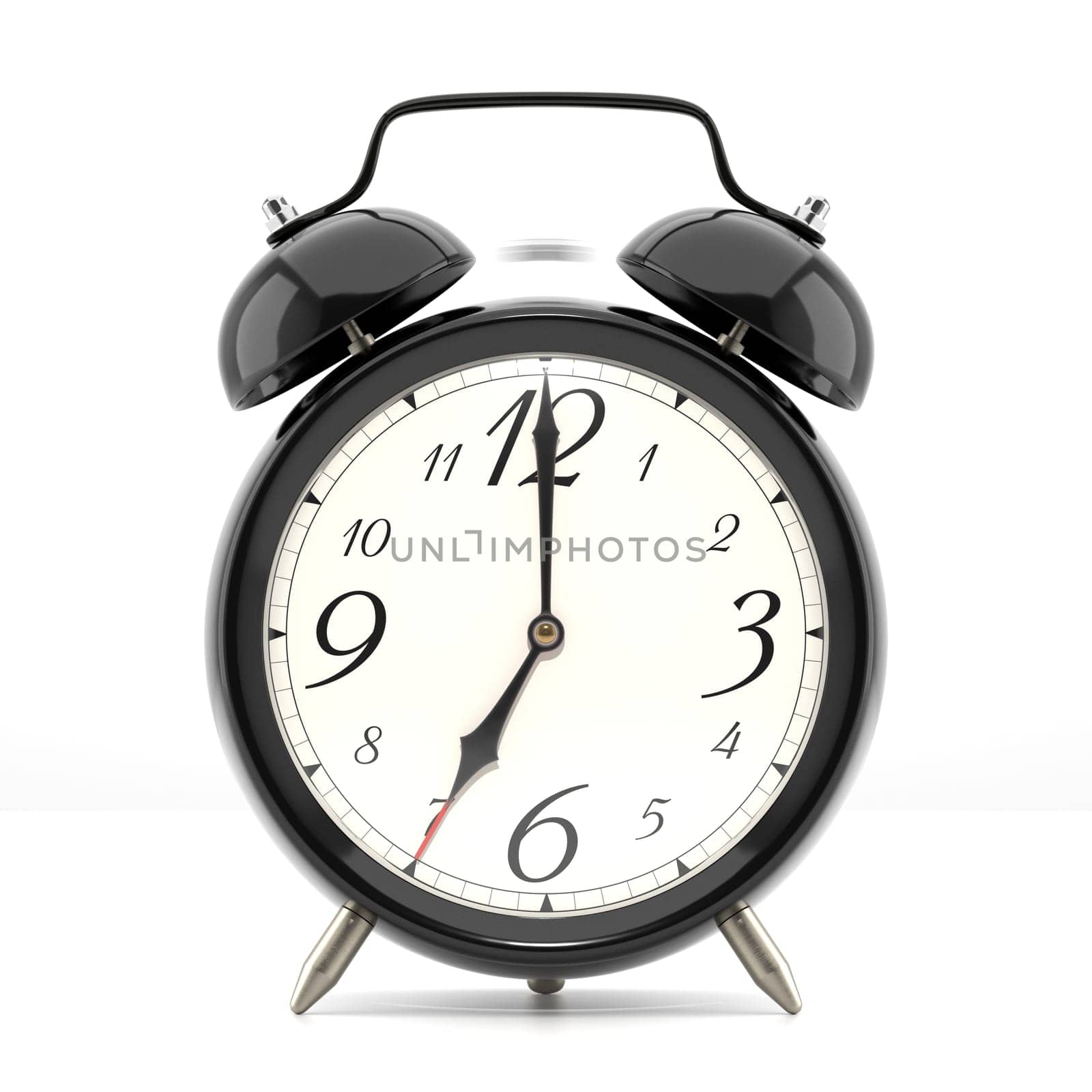 Ringing alarm clock. Black table shelf vintage clock on white background. 3D illustration
