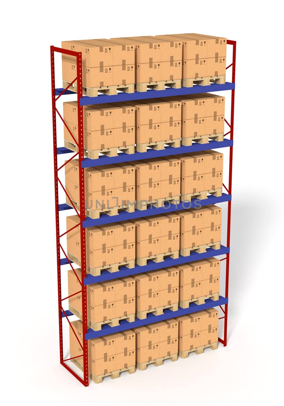 Warehouse shelves rack filled with brown boxes. Isolated on white background. Retail, logistics, delivery and storage concept. Generic containers rack shelves. Distribution facility. 3D illustration