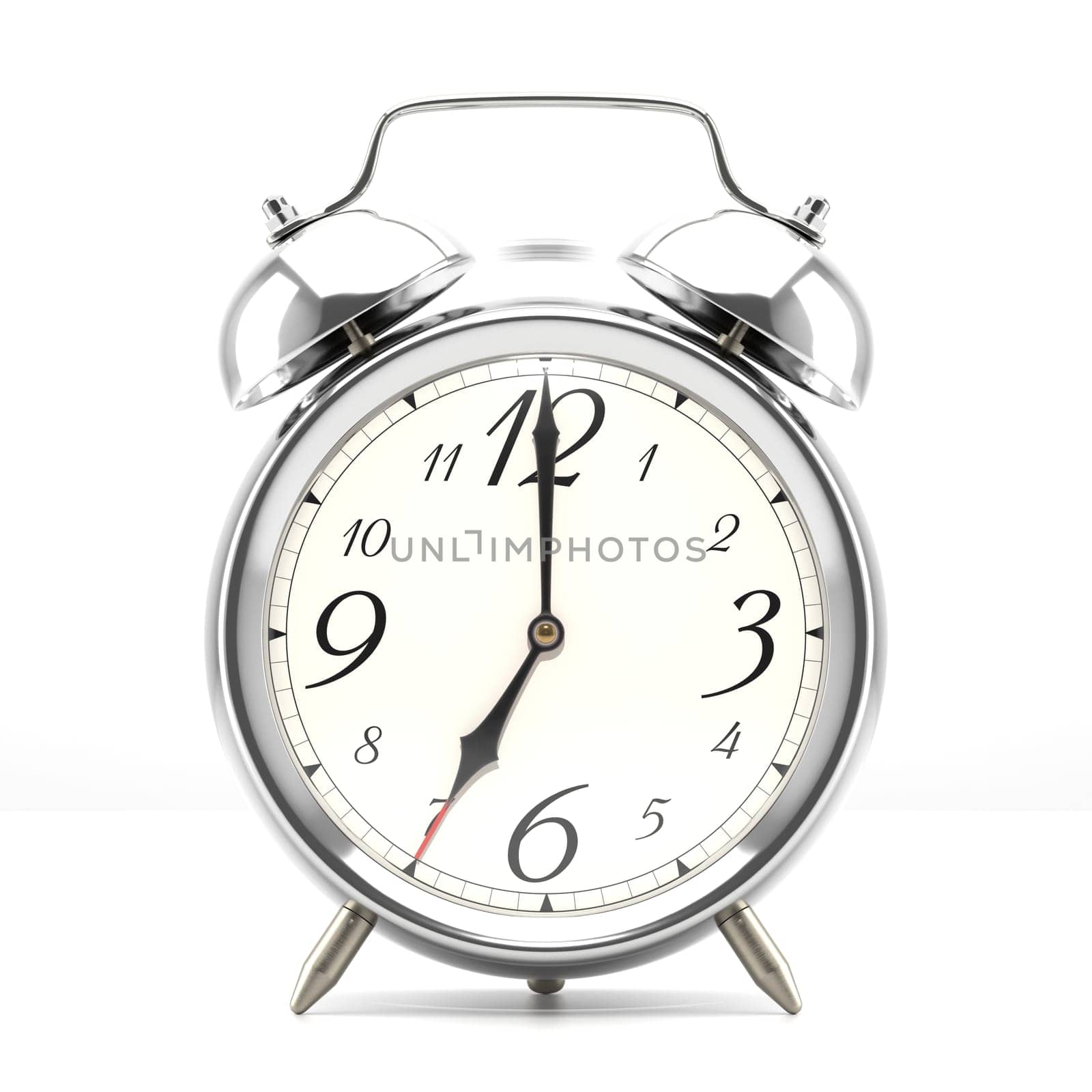Ringing alarm clock. Silver table shelf vintage clock on white background. 3D illustration