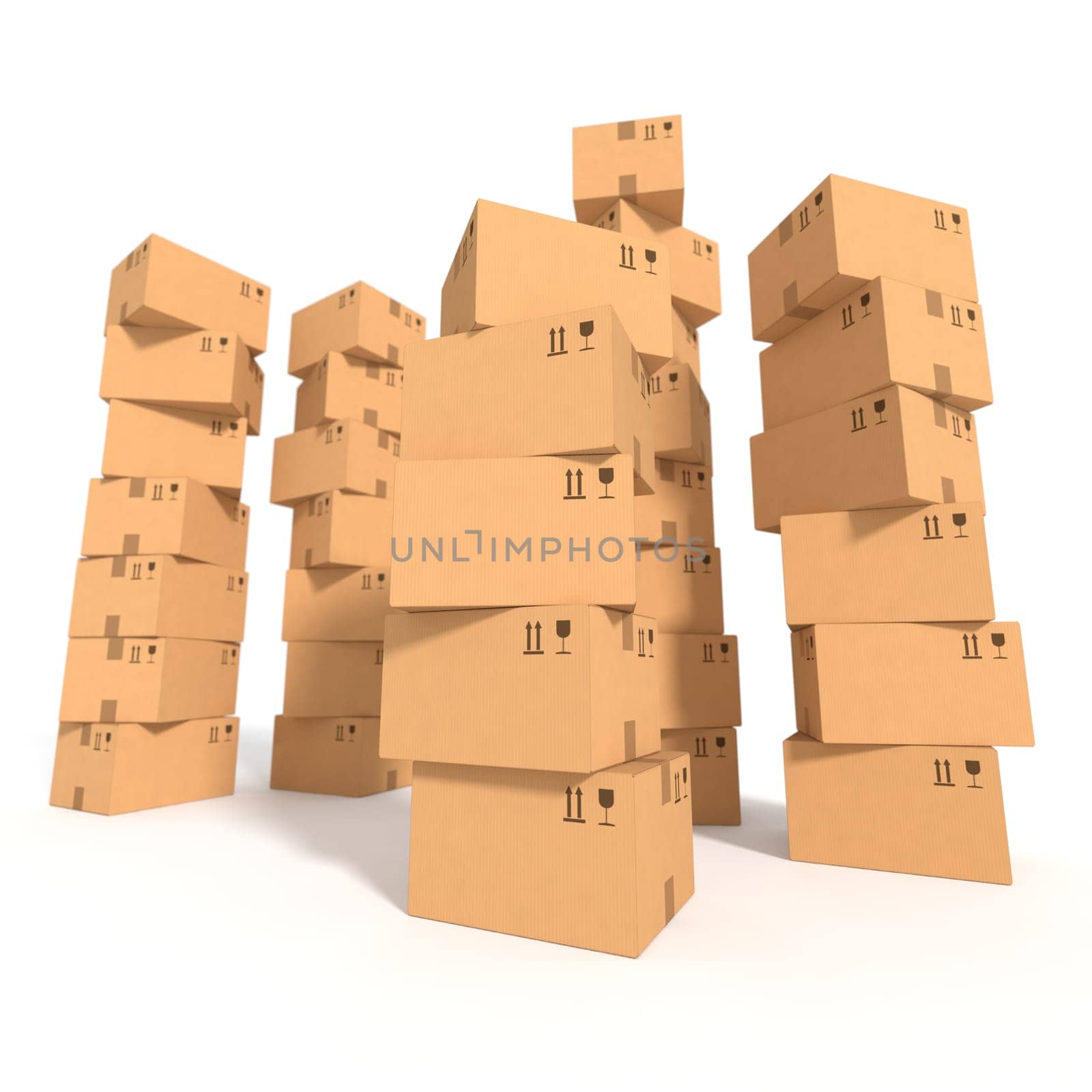 Retail, logistics, delivery, storage concept. Stacks of cardboard boxes isolated on white background. Side view with perspective. Abstract delivery symbol. Place for your text, logo. 3D illustration