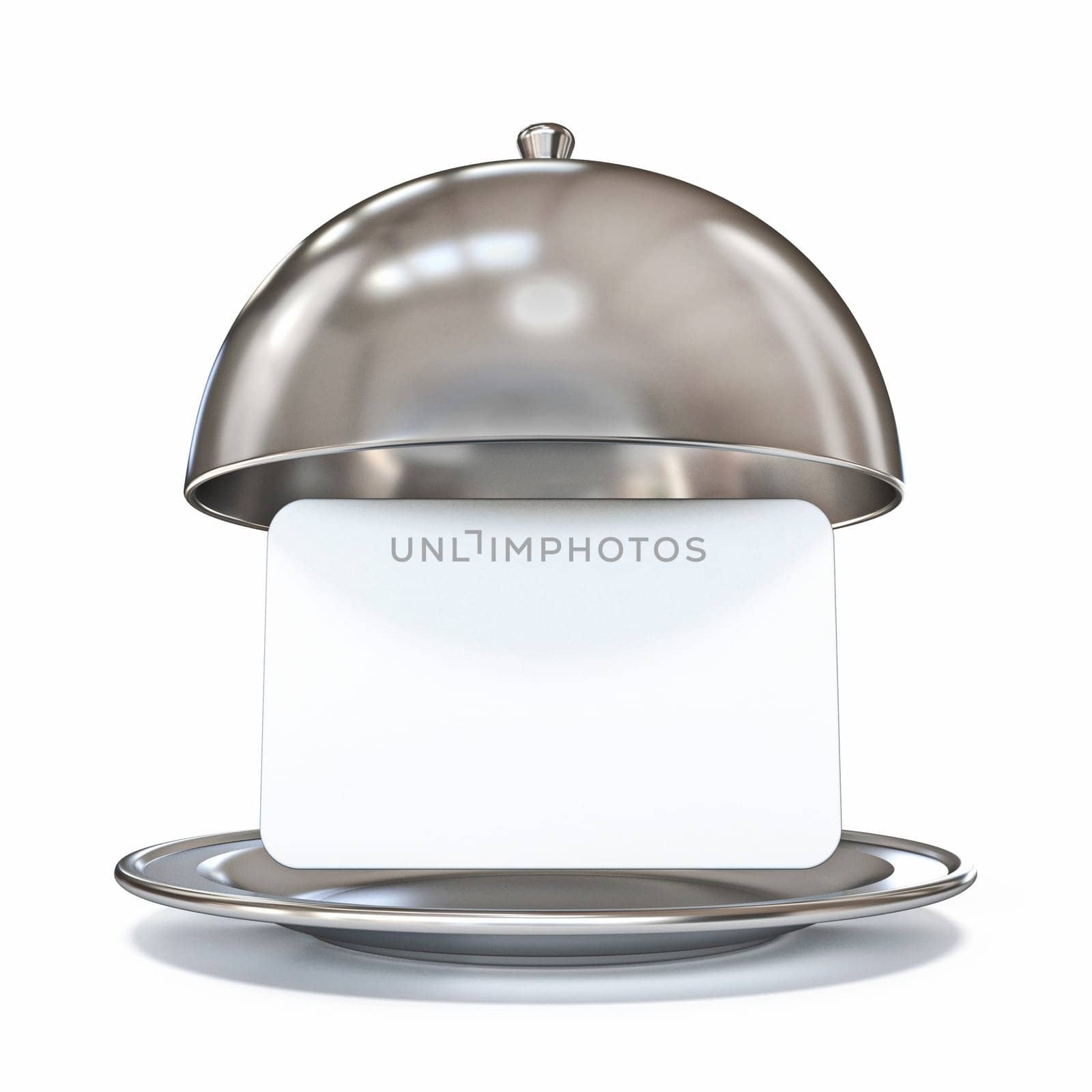 Restaurant dome dish with blank paper card 3D rendering illustration isolated on white background