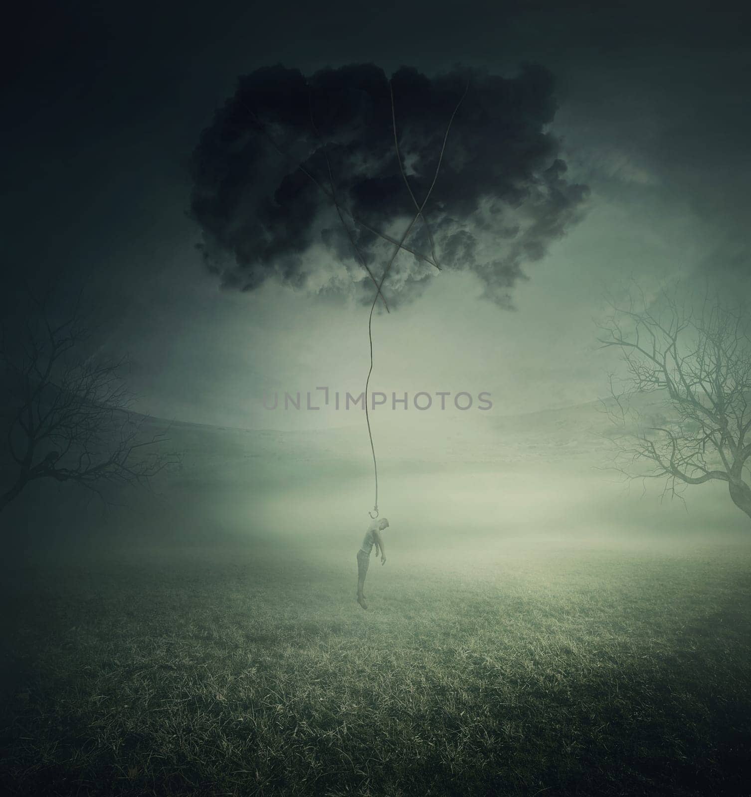 Conceptual scene, a man lifted up and manipulated by a dark cloud, symbol of pessimistic thoughts and depression. Mystic landscape with a lone person in a misty field. Scary halloween background