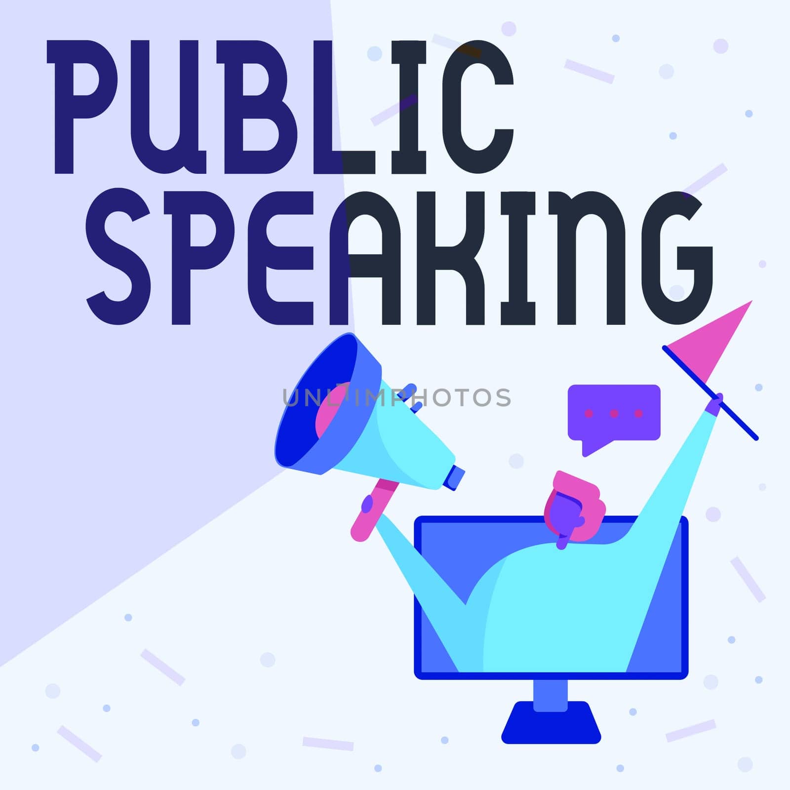 Text caption presenting Public Speaking, Conceptual photo art of effective oral communication with an audience Lady Inside A Monitor Screen Drawing Holding Megaphone And Flag.