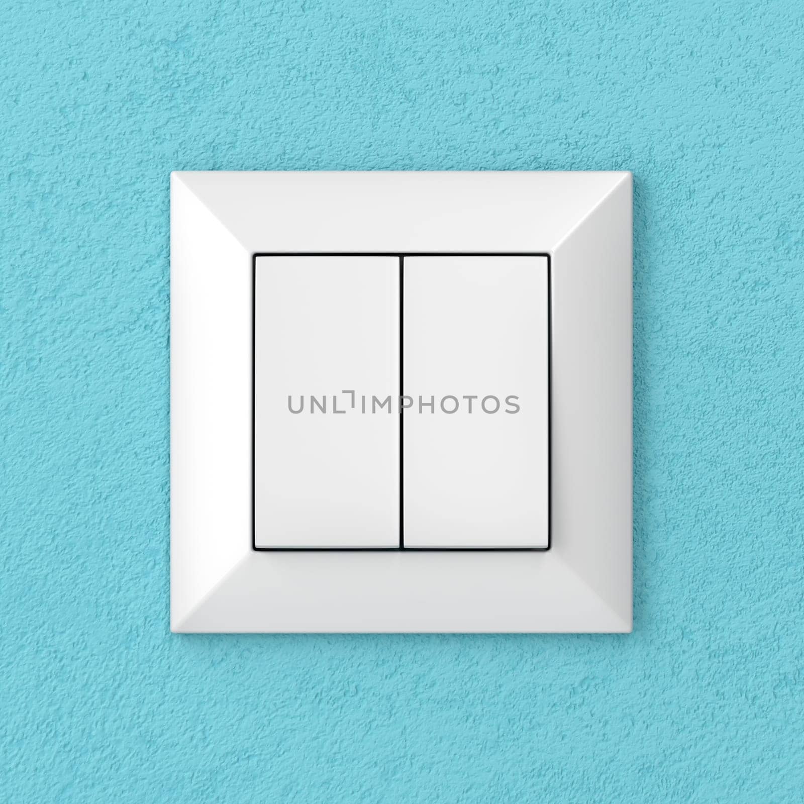 Double light switch on blue wall, front view