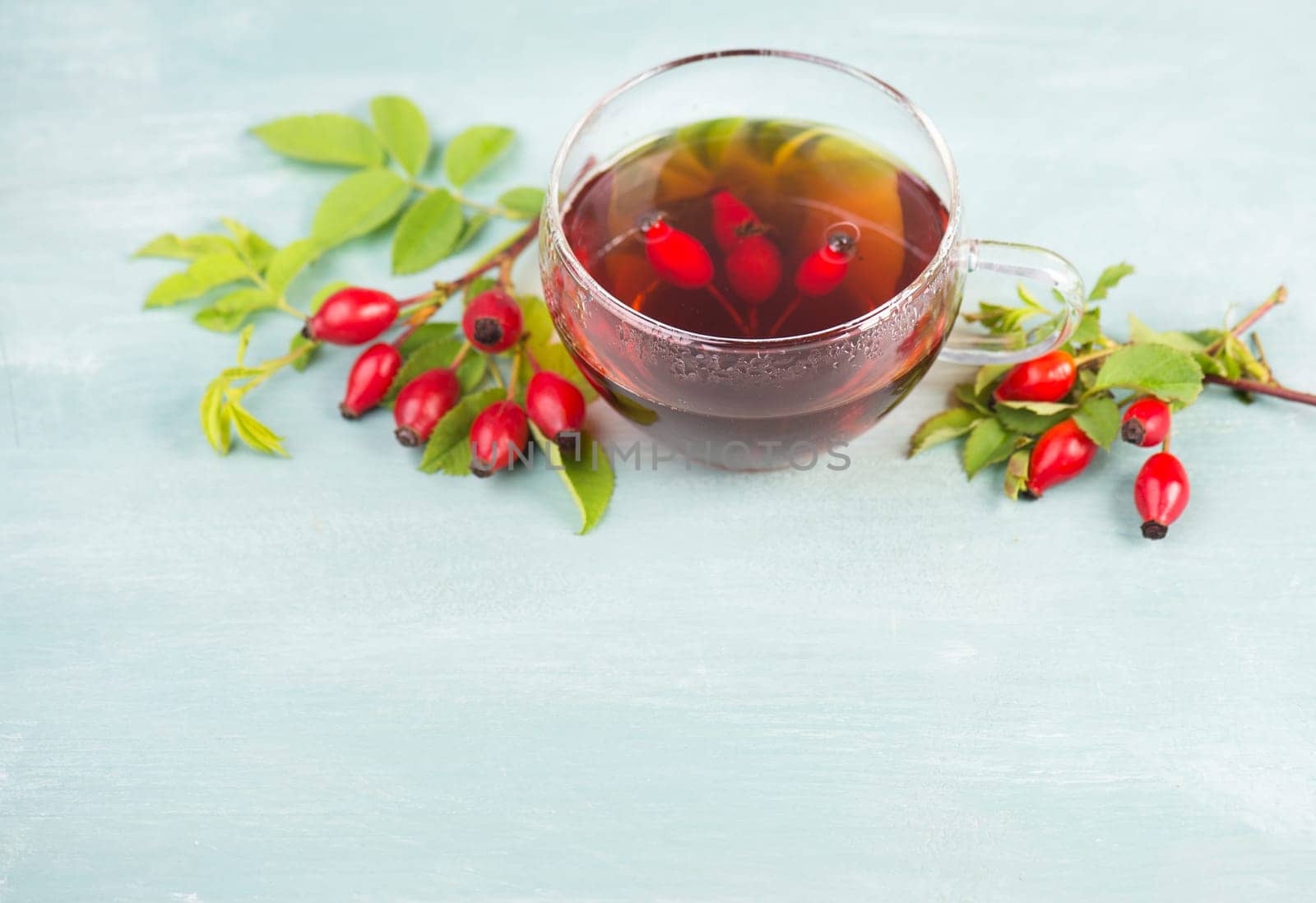 Hip rose tea with fresh fruits and leaves, hot drink