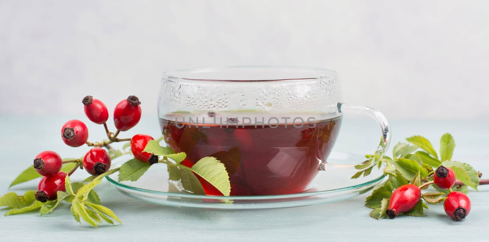 Hip rose tea with fresh fruits and leaves, hot drink