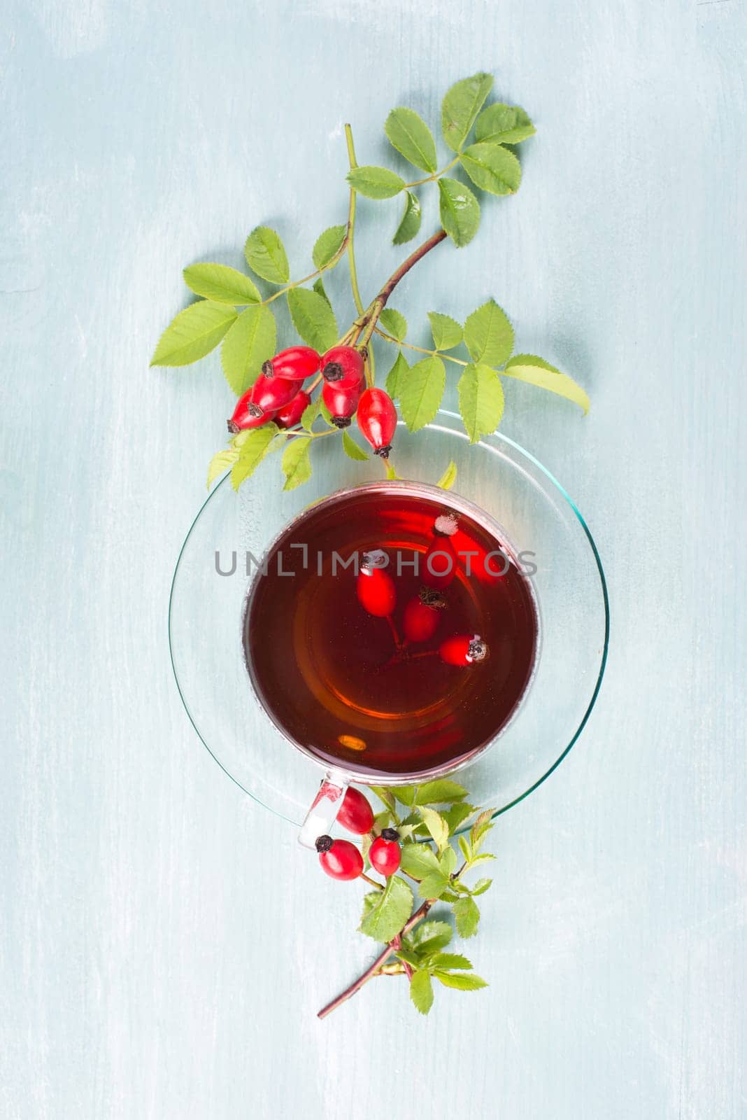 Hip rose tea with fresh fruits and leaves, hot drink