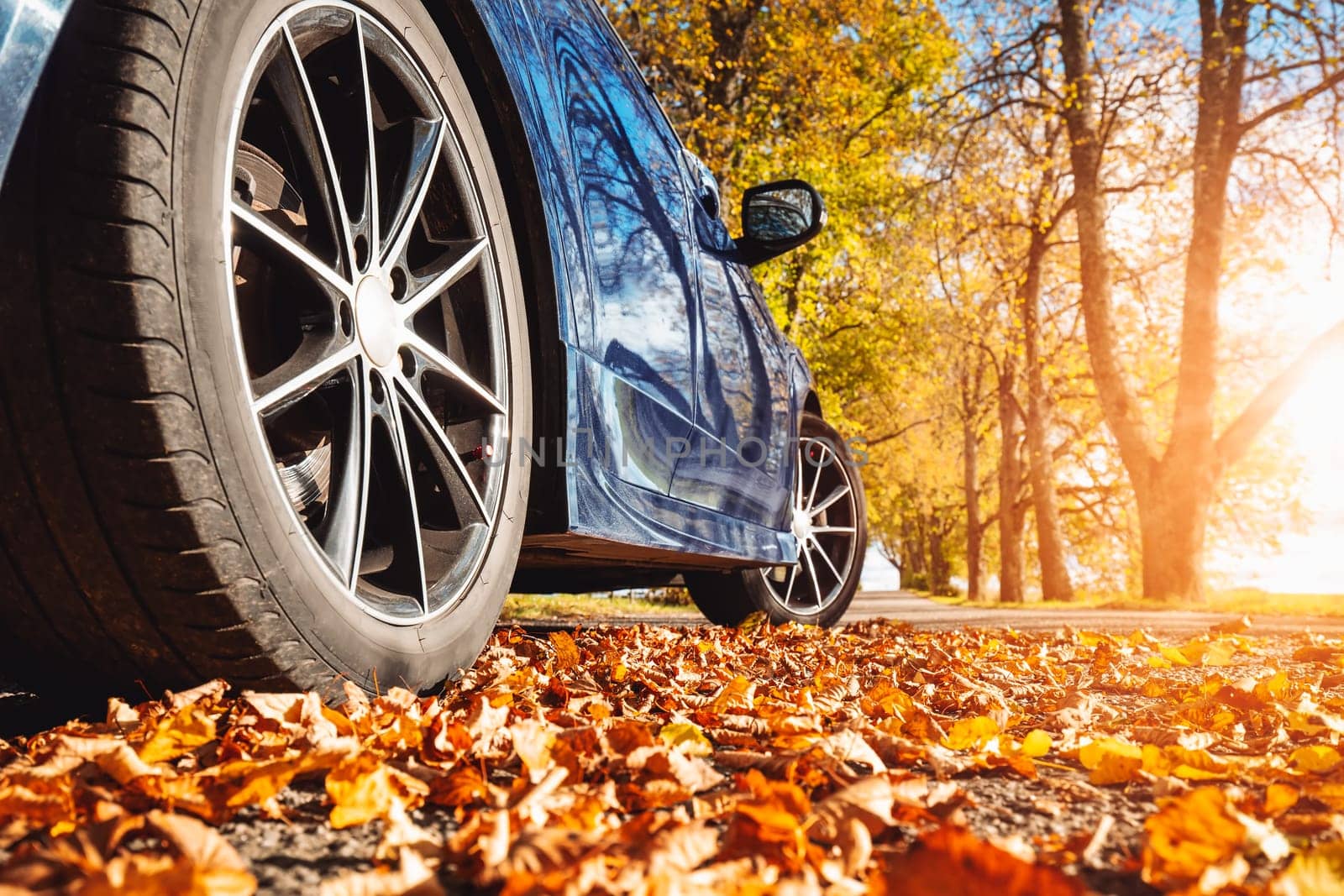 Blue car on the road in the natural park. Beautiful view of the autumnal way in the forest.