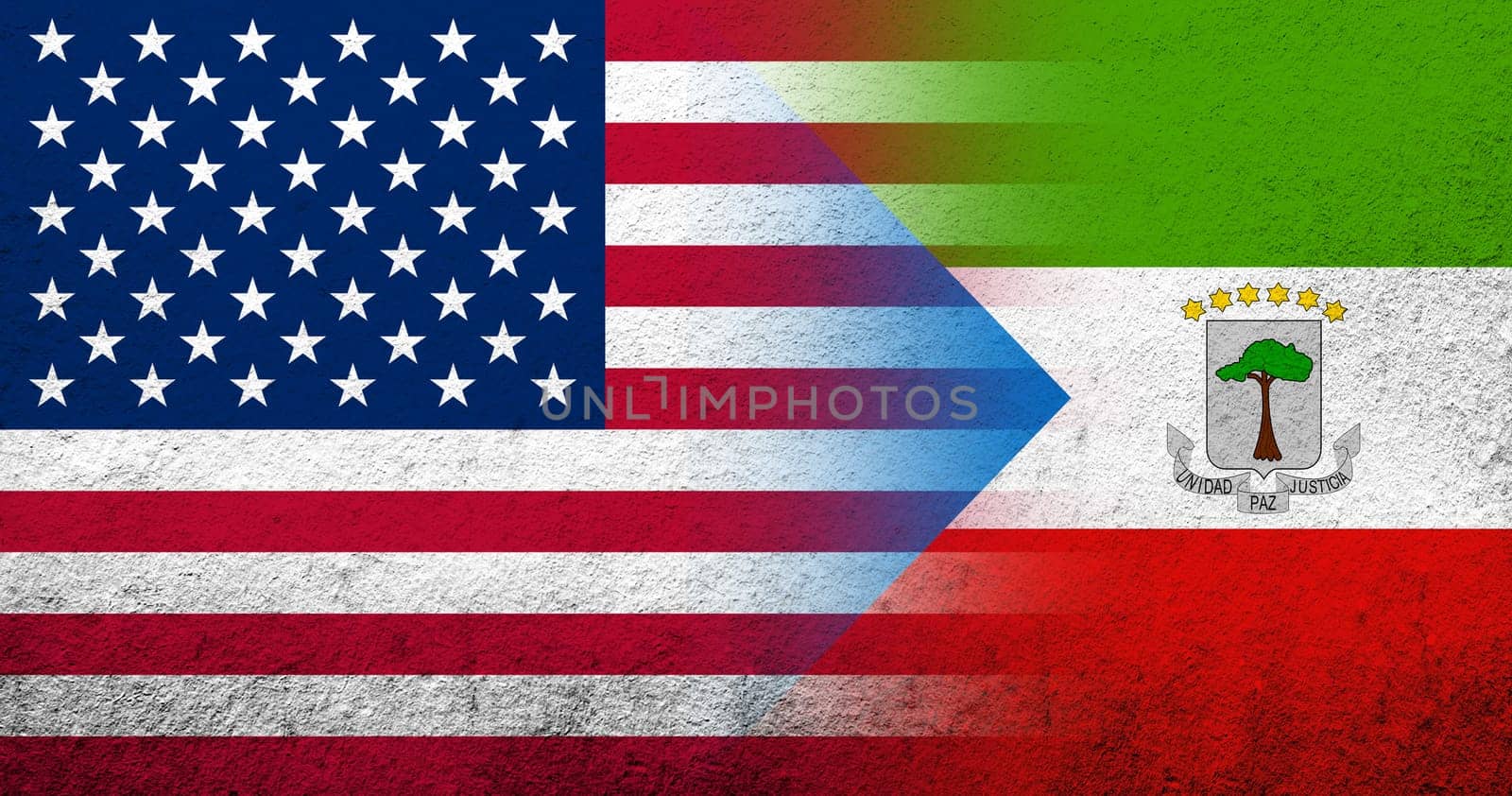 United States of America (USA) national flag with Equatorial Guinea National flag. Grunge background