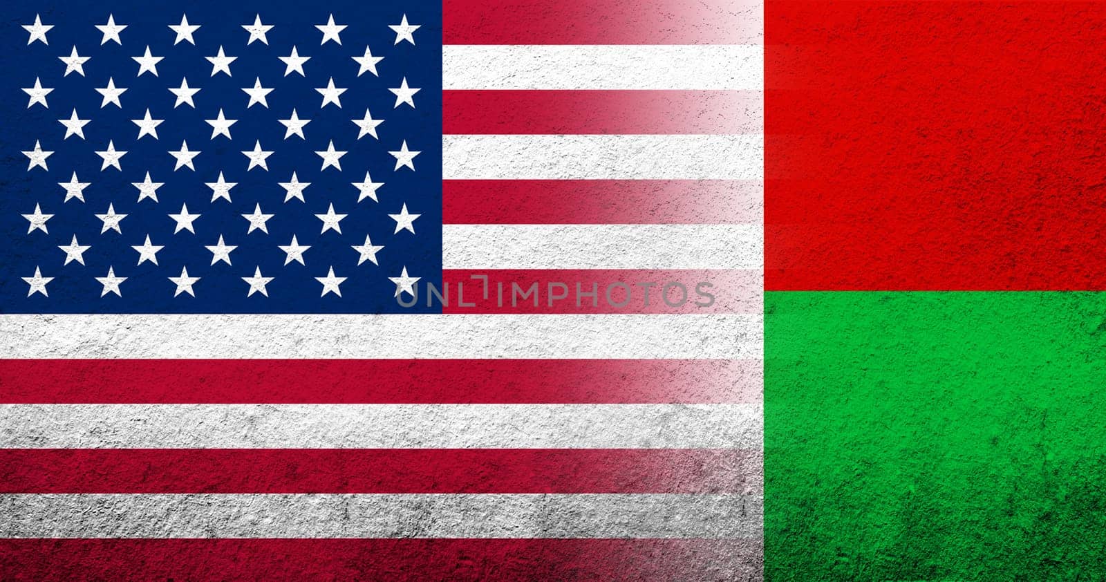United States of America (USA) national flag with Madagascar National flag. Grunge background
