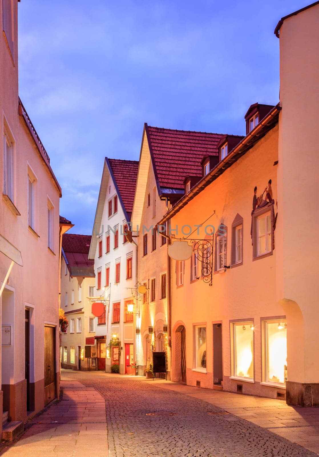 Evening street scene in the city of Fussen, Germany