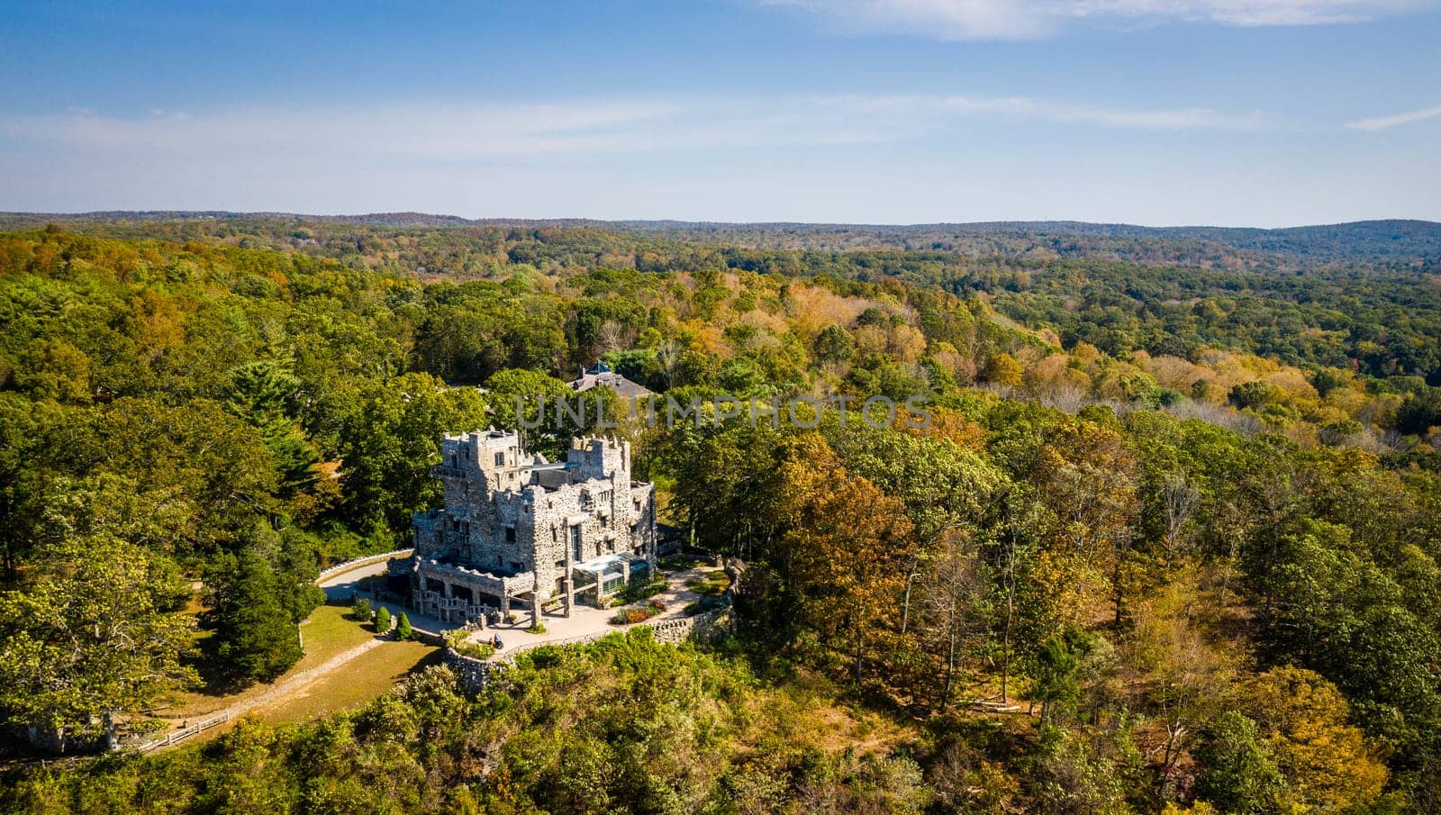 Aerial view of Gillette Castle and grounds in Gillette Castle State Park in Connecticut