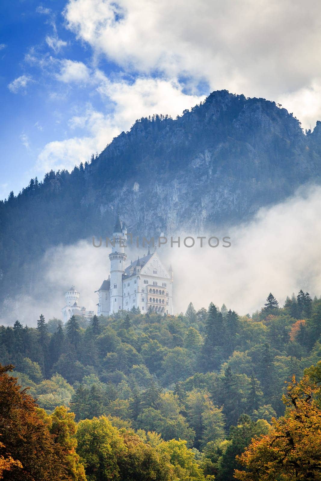 Scenic view of the Neuschwanstein Castle in morning fog