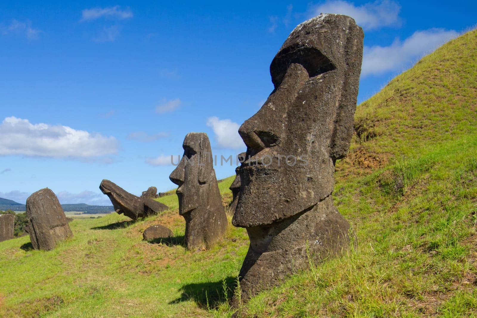Moai stone sculptures at Rano Raraku, Easter island, Chile