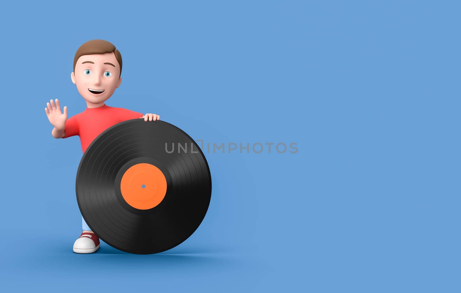 Happy Young Kid 3D Cartoon Character Leaning on a Vinyl Record on Blue Background with Copy Space 3D Illustration, Like Music Concept