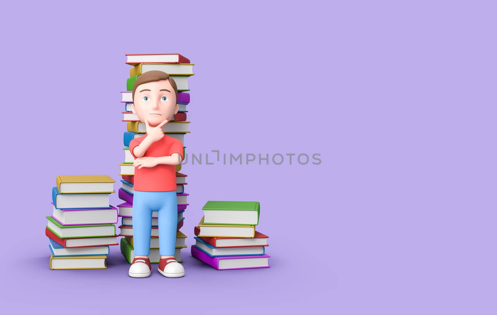 Puzzled Young Kid with Stacks of Colorful Books behind. 3D Cartoon Character on Purple Background with Copy Space 3D Illustration