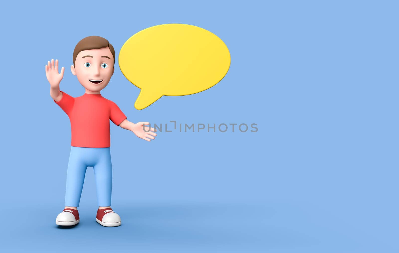 Happy Young Kid 3D Cartoon Character with a Yellow Blank Speech Bubble on Blue Background with Copy Space 3D Illustration