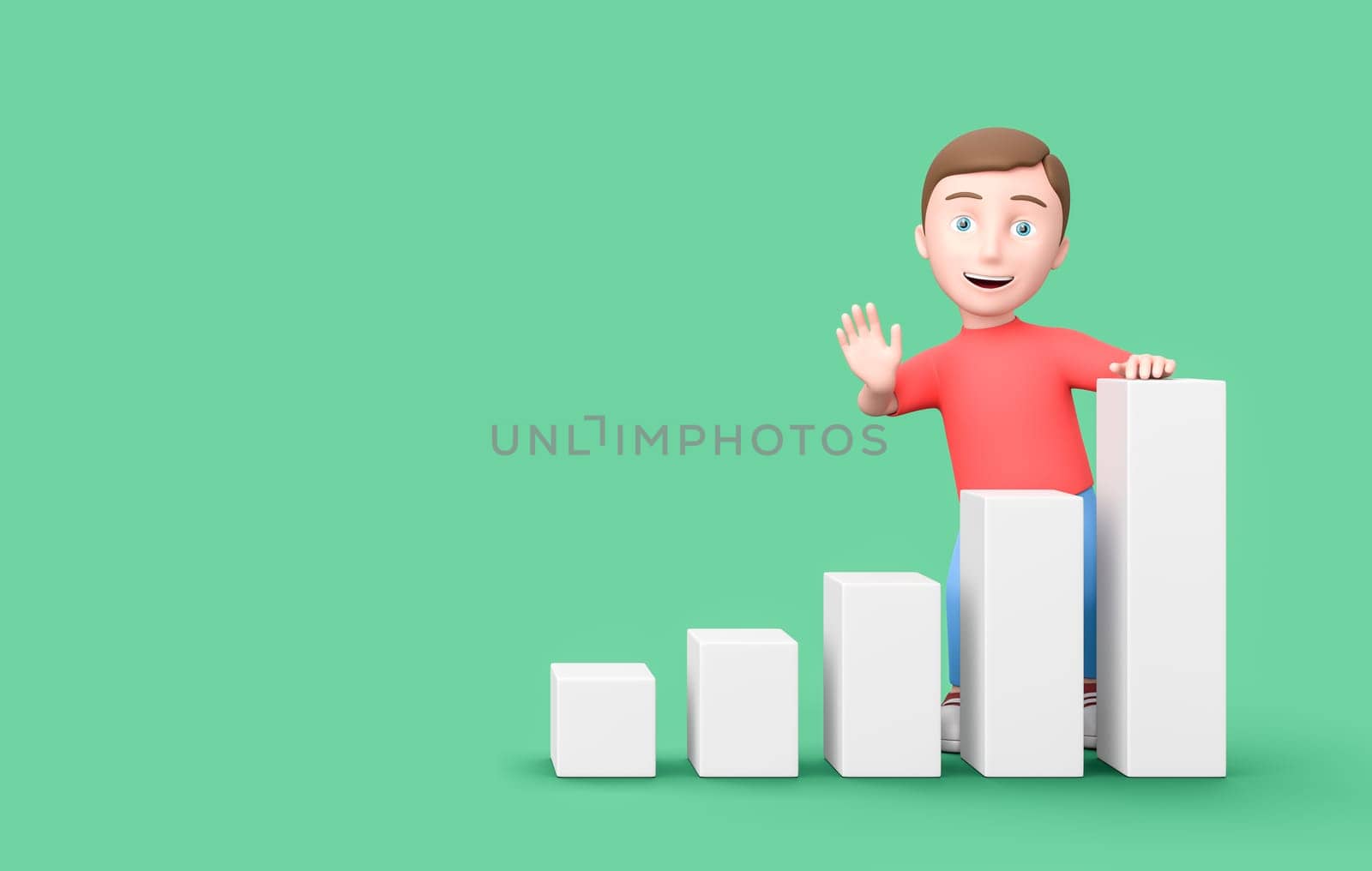 Happy Young Kid 3D Cartoon Character Leaning on a Growing Bar Chart on Green Background with Copy Space 3D Illustration