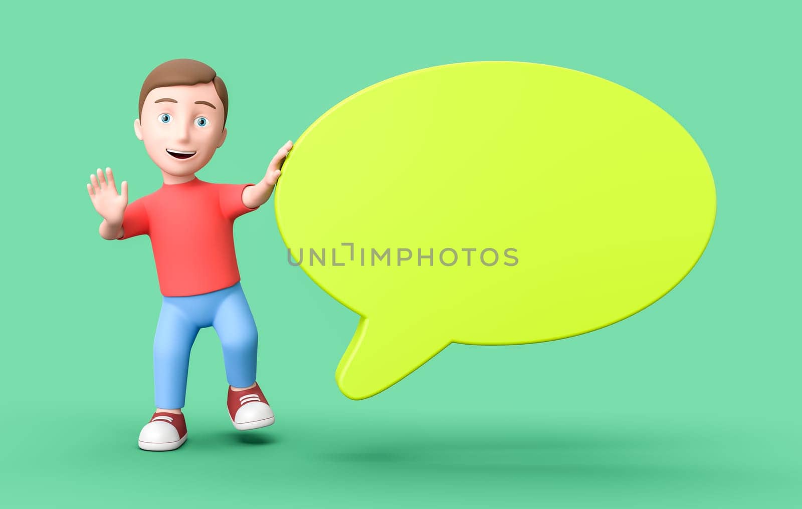 Happy Young Kid 3D Cartoon Character with a Yellow Blank Speech Bubble on Green Background with Copy Space 3D Illustration