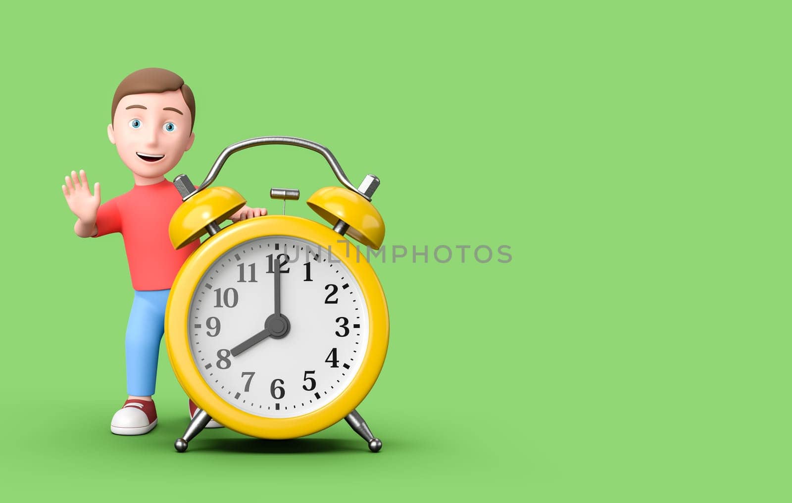 Happy Young Kid 3D Cartoon Character Leaning on a Yellow Alarm Clock on Green Background with Copy Space 3D Illustration, Time Concept