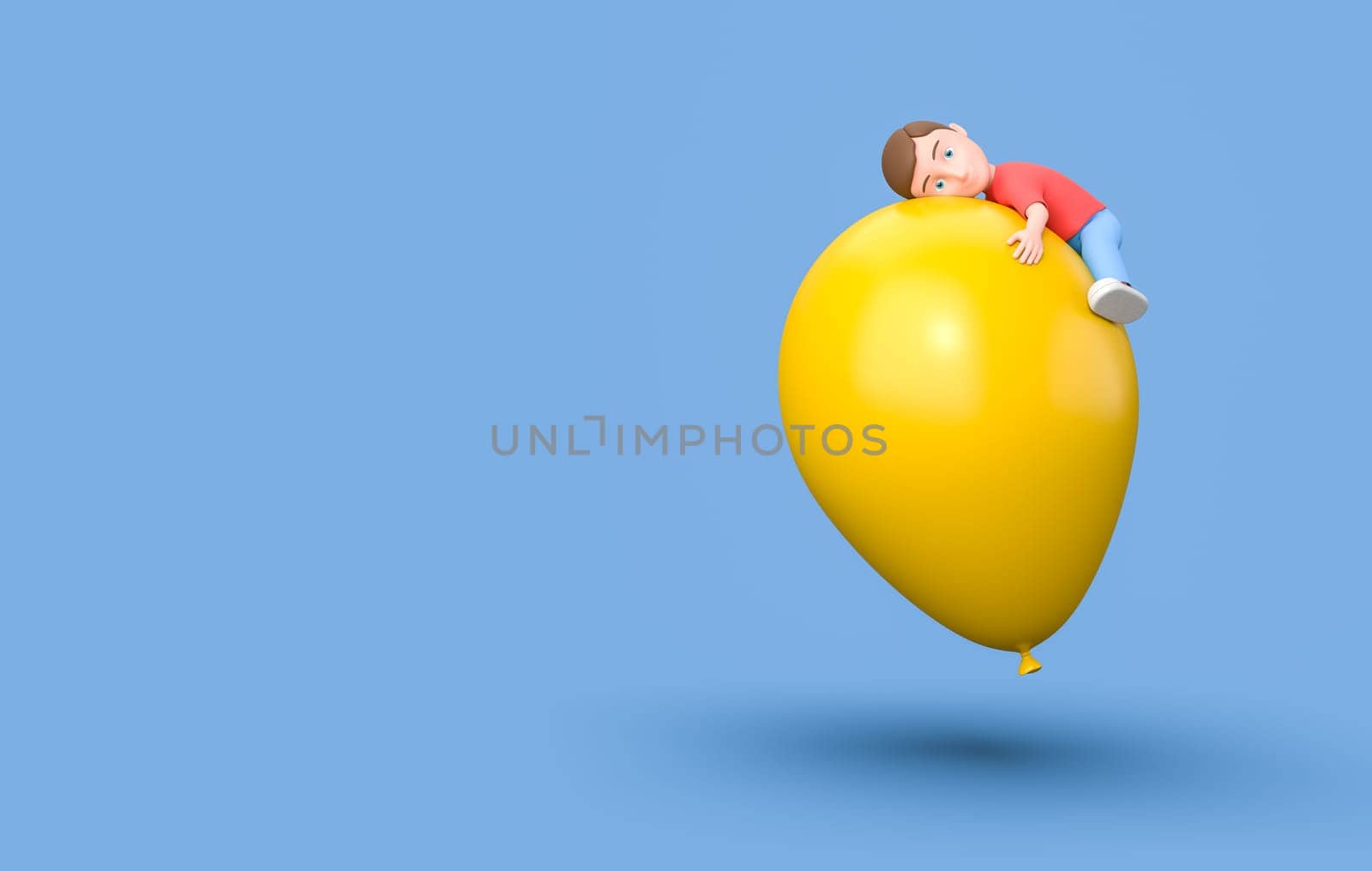 Smiling Little Young Kid Flying Hugging a Giant Yellow Balloon. 3D Cartoon Character Isolated on Blue Background with Copy Space 3D Illustration
