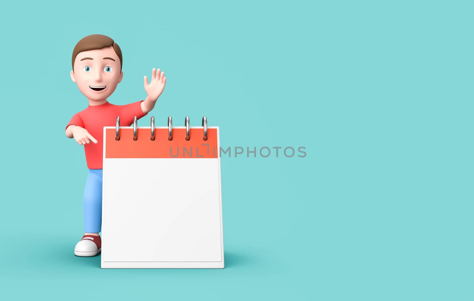 Happy Young Kid 3D Cartoon Character Pointing a Blank Single Day Calendar on Blue Background with Copy Space 3D Illustration