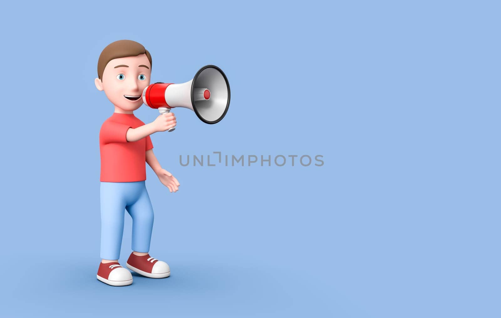 Cute Young Kid 3D Cartoon Character Holding a Megaphone on Blue Background with Copy Space 3D Illustration