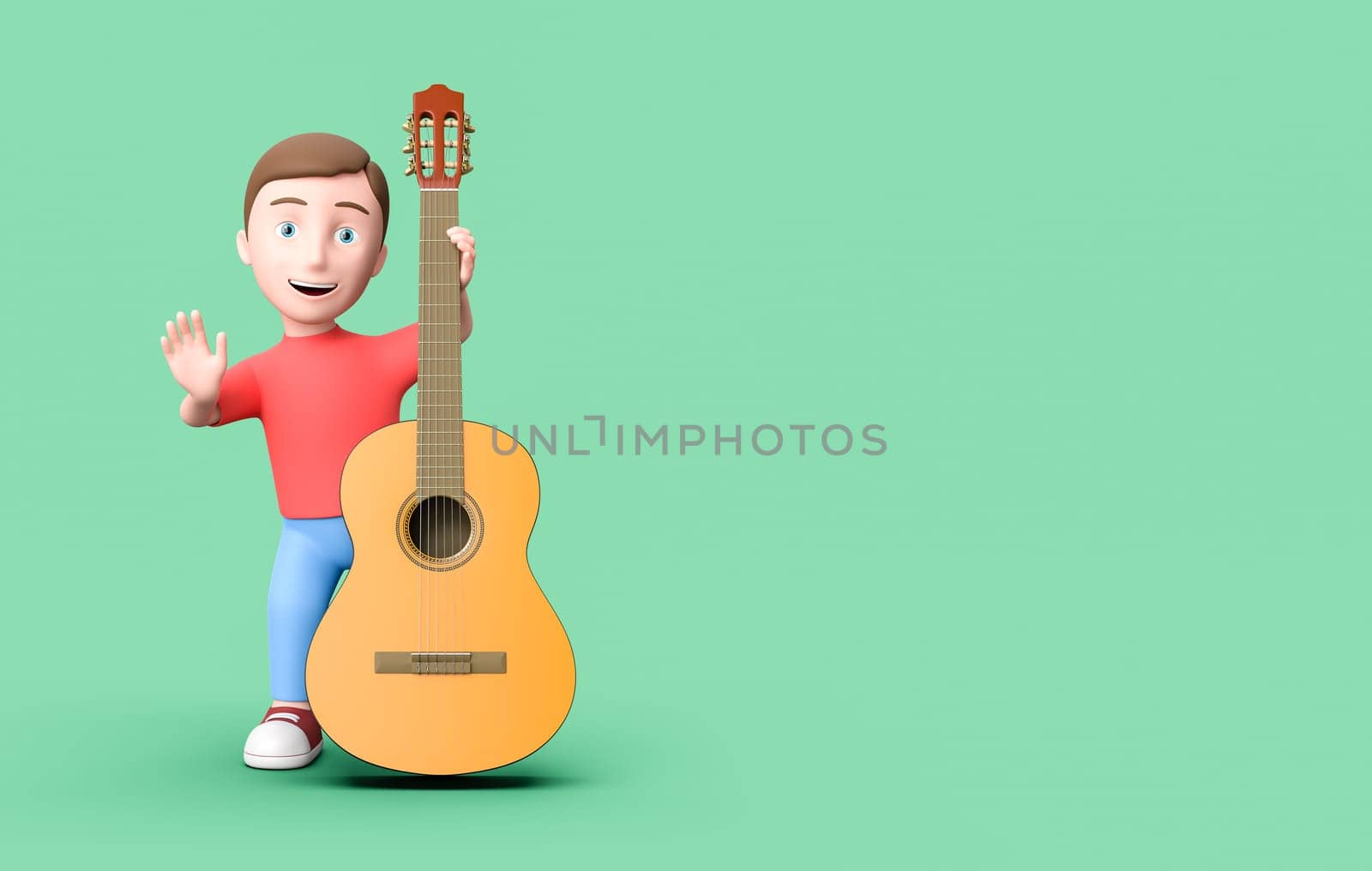 Happy Young Kid 3D Cartoon Character with a Classical Guitar on Green Background with Copy Space 3D Illustration, Like Play Guitar Concept
