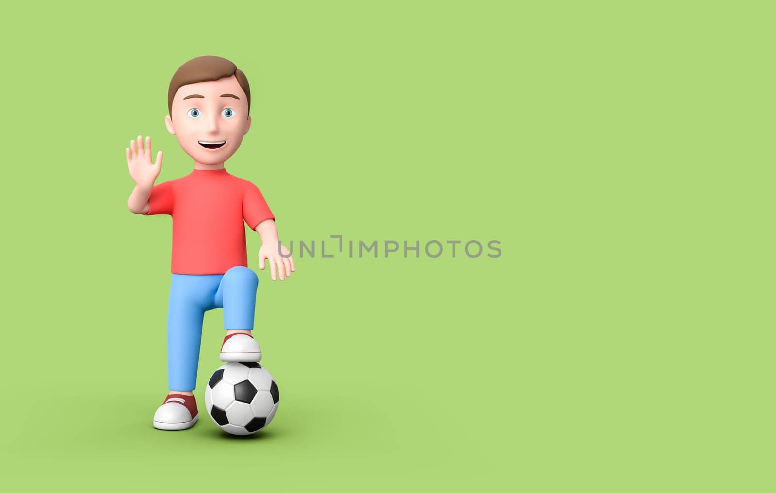 Happy Young Kid 3D Cartoon Character Standing with Soccer Ball on Green Background with Copy Space 3D Illustration, Like Soccer Concept
