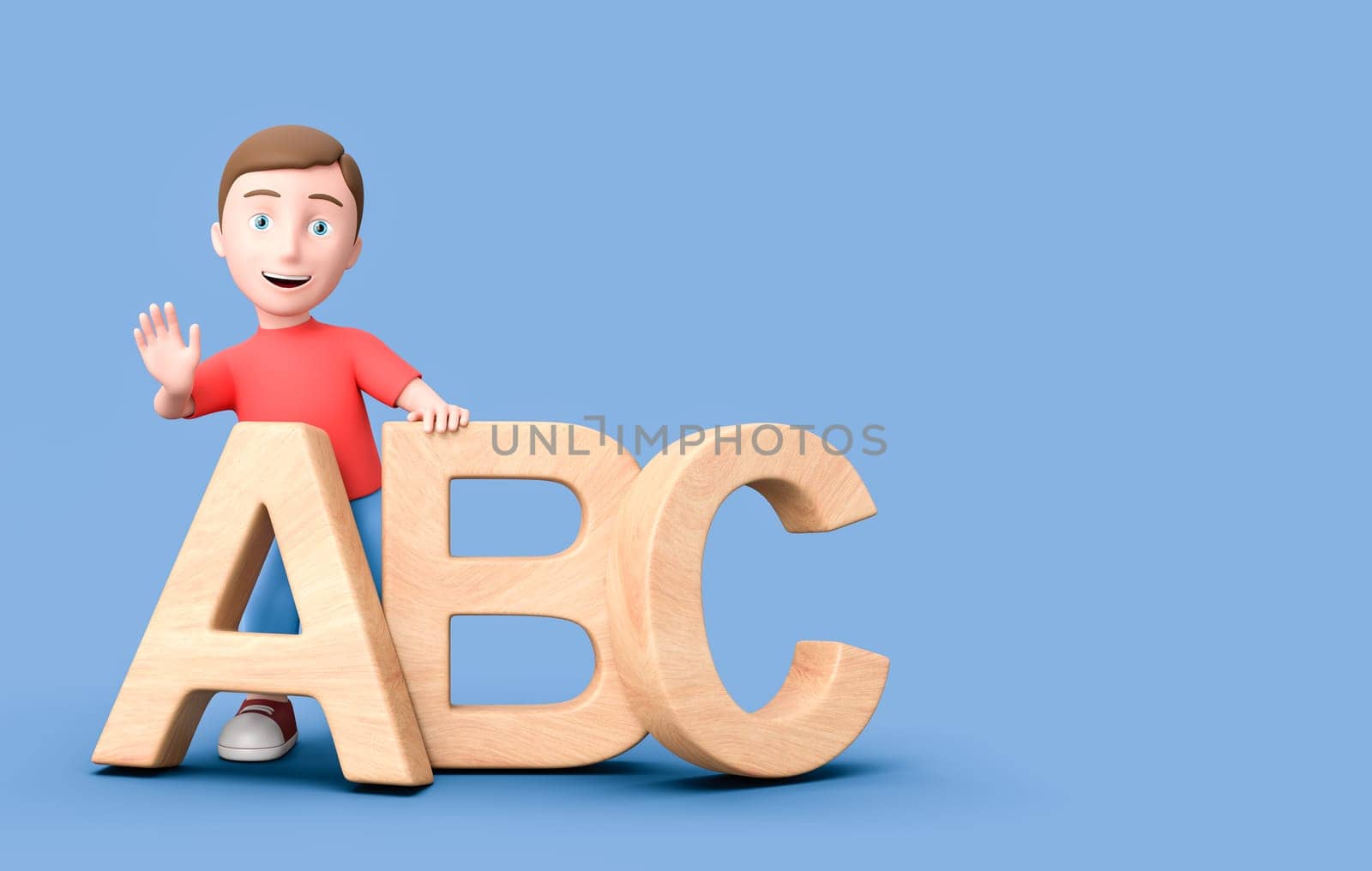 Happy Young Kid 3D Cartoon Character Leaning on Wooden ABC Letters on Blue Background with Copy Space 3D Illustration, Education Concept