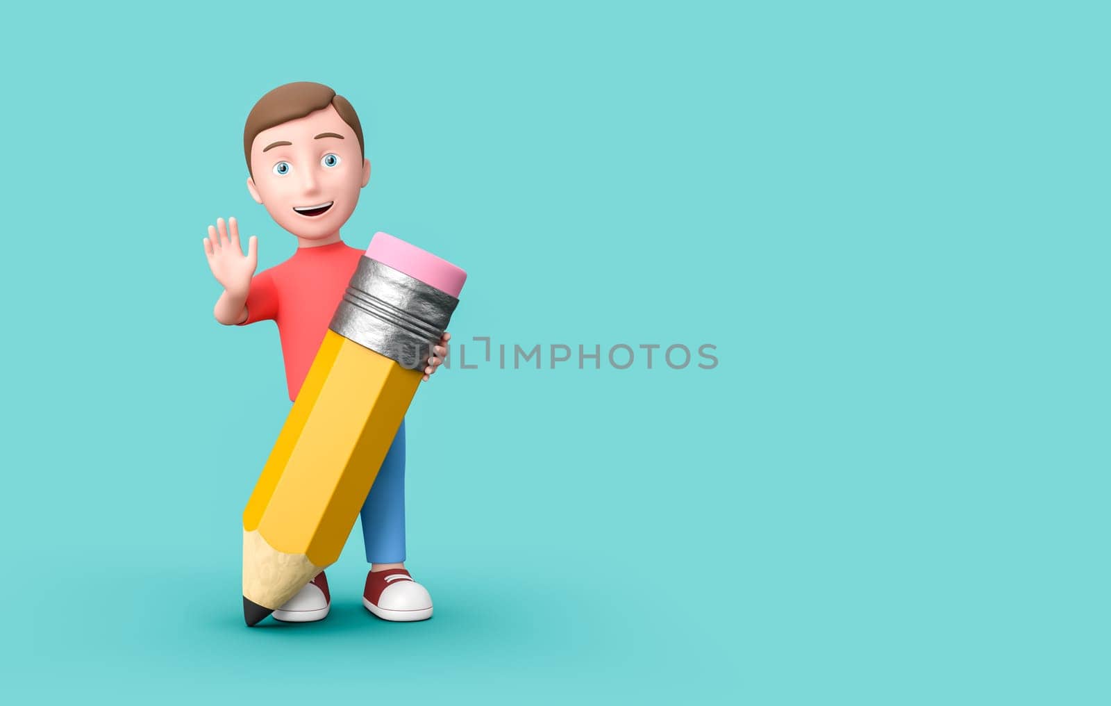 Happy Young Kid 3D Cartoon Character with a Funny Classic Pencil with Eraser on Blue Background with Copy Space 3D Illustration