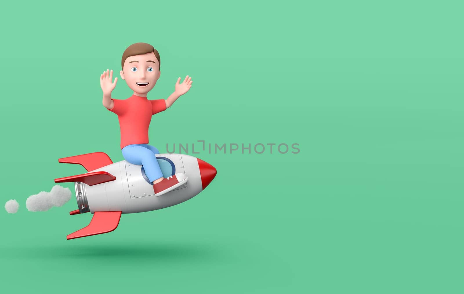 Happy Young Kid 3D Cartoon Character Flying Sitting on a Spaceship on Green Background with Copy Space 3D Illustration