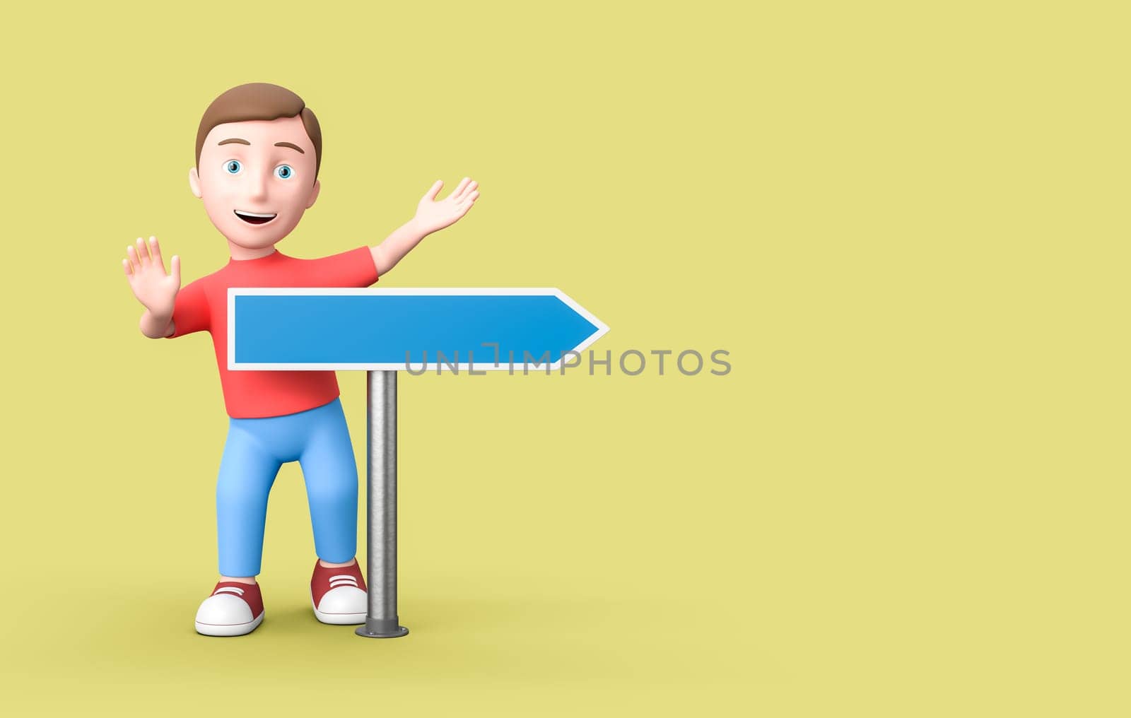 Happy Young Kid 3D Cartoon Character with a Blue Blank Directional Arrow on Yellow Background with Copy Space 3D Illustration