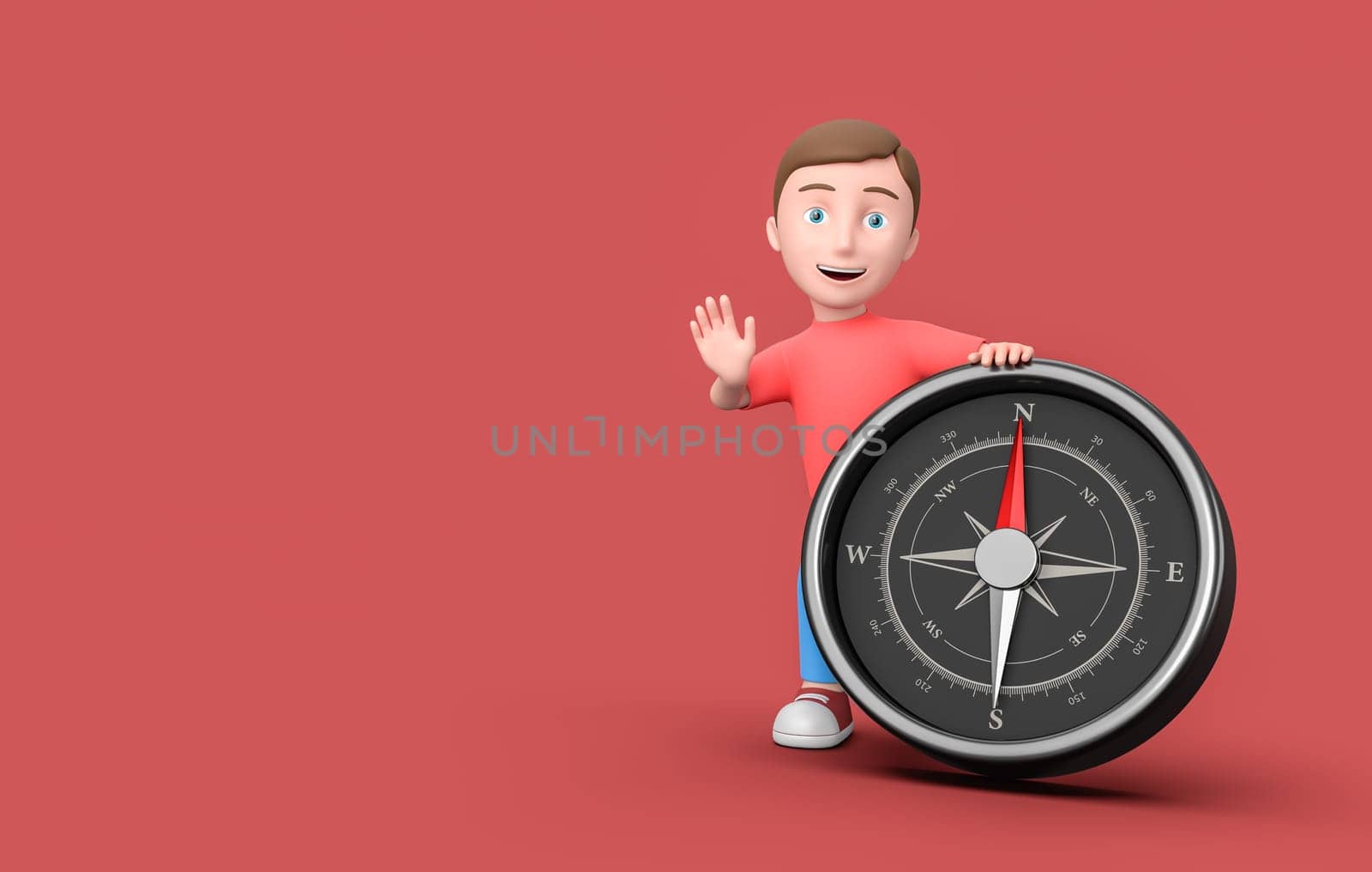 Young Kid 3D Cartoon Character Leaning on a Metallic Compass Pointing Toward the North on Red Background with Copy Space 3D Illustration, Exploration Concept