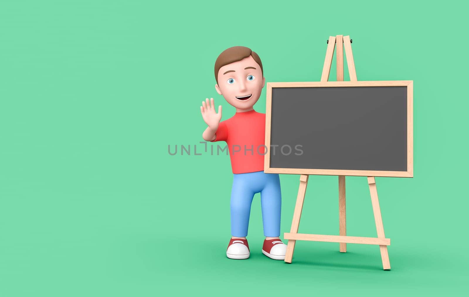 Happy Young Kid 3D Cartoon Character with Blank Blackboard on Green Background with Copy Space 3D Illustration